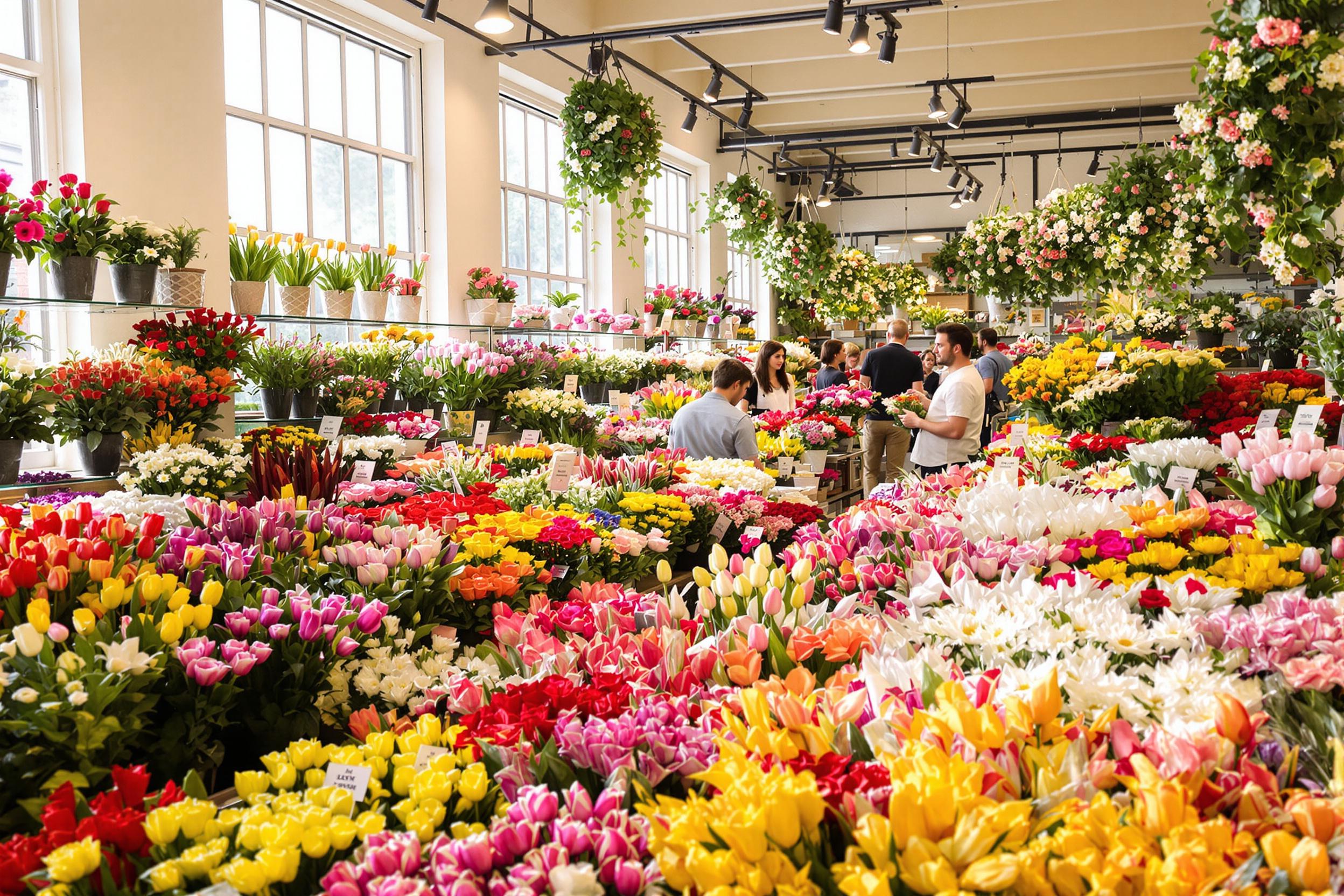 Inside a lively flower shop, customers explore fragrant bunches of blooms under soft, diffused sunlight pouring through large windows. Colorful arrangements of tulips, daisies, and roses fill the space, showcasing vibrant hues. Shoppers interact with staff, discussing their selections, while potted plants line the shelves, enhancing the lively atmosphere.