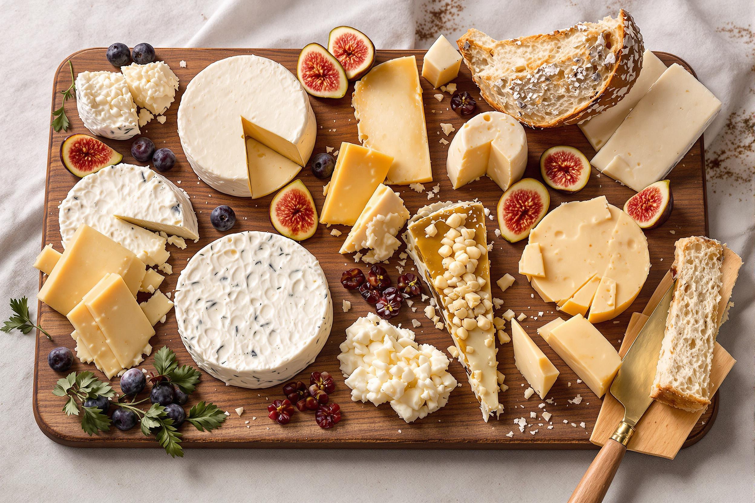 Indulge in a gourmet cheese tasting journey with an array of artisanal cheese wheels. Rustic wooden board showcases diverse textures and flavors, from creamy brie to aged cheddar, accompanied by fresh figs, honey, and crusty bread.