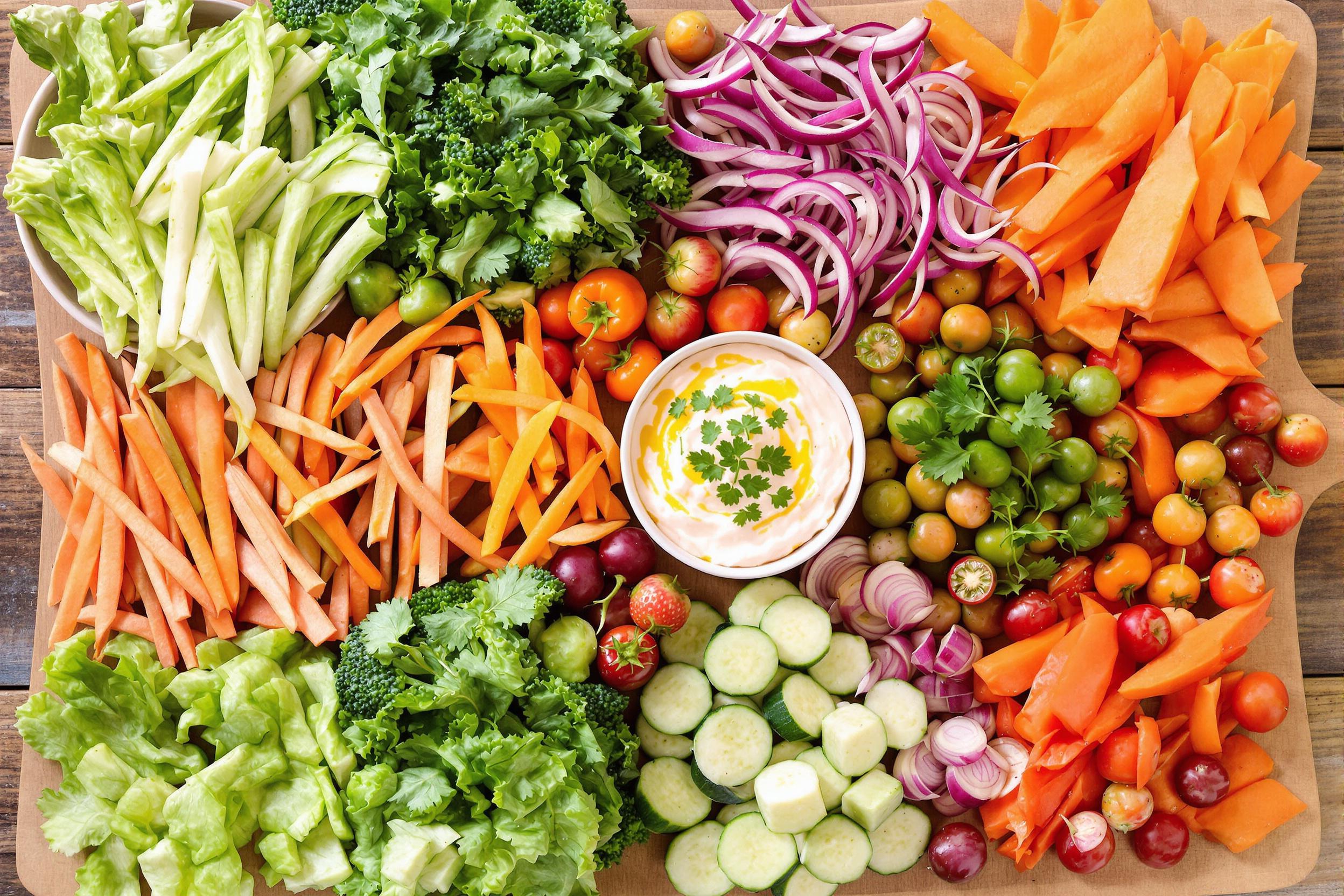 A colorful array of fresh, crisp vegetables artfully arranged on a rustic wooden board, accompanied by vibrant homemade dips. This visually appealing and healthy appetizer showcases the natural beauty of raw produce, perfect for entertaining or promoting clean eating.