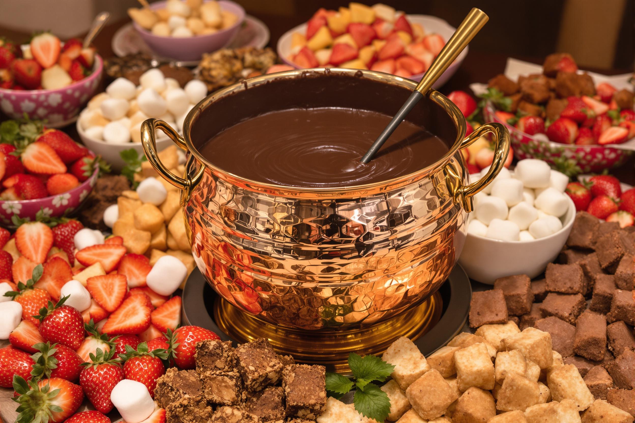 Indulge in a luxurious chocolate fondue spread, perfect for a romantic evening. A copper pot filled with rich, melted dark chocolate takes center stage, surrounded by an array of colorful dippers including fresh strawberries, marshmallows, and bite-sized brownies.