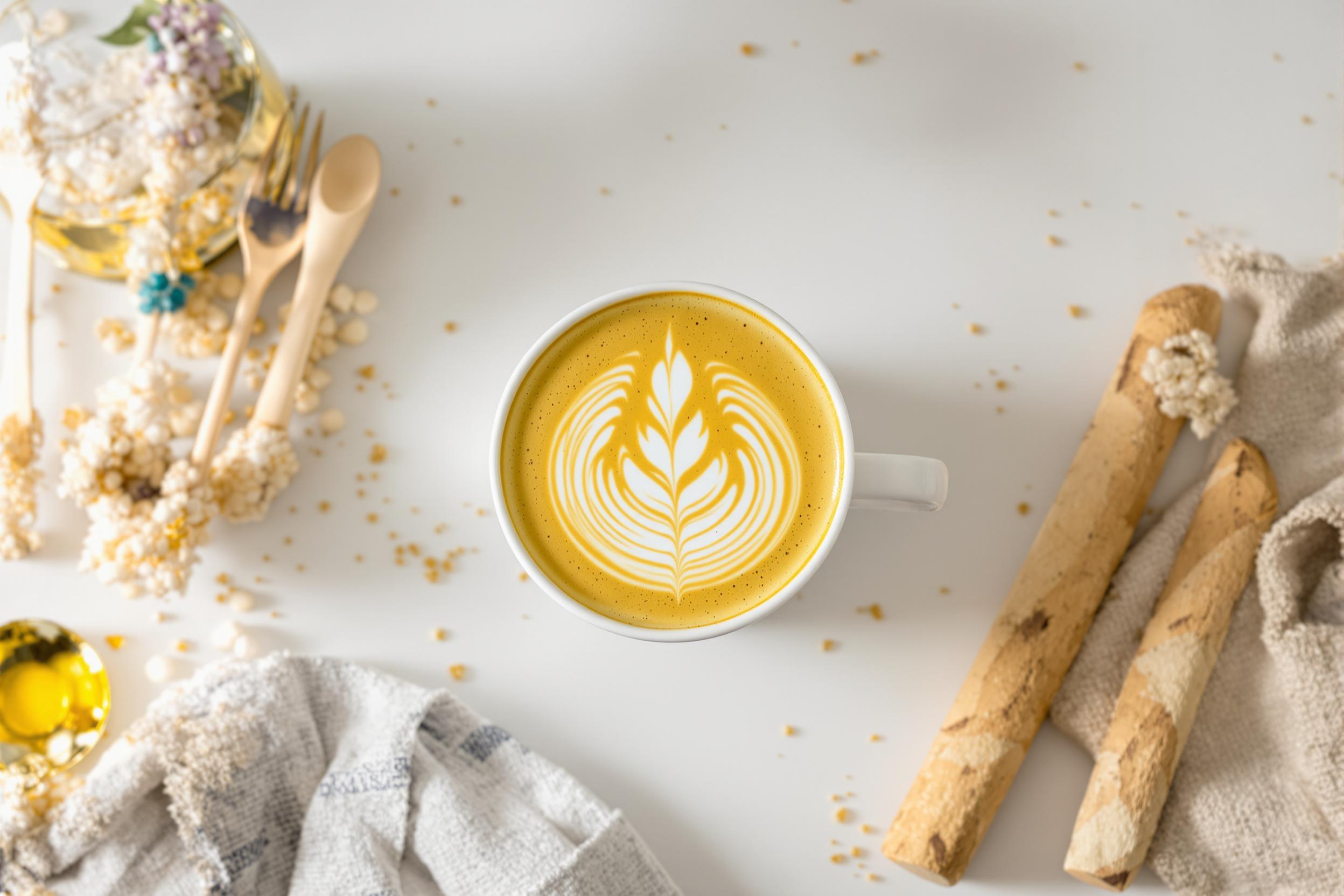 A golden turmeric latte adorned with intricate latte art, set against a stark white countertop. The vibrant yellow beverage contrasts beautifully with the minimalist surroundings, creating a visually striking and on-trend composition.