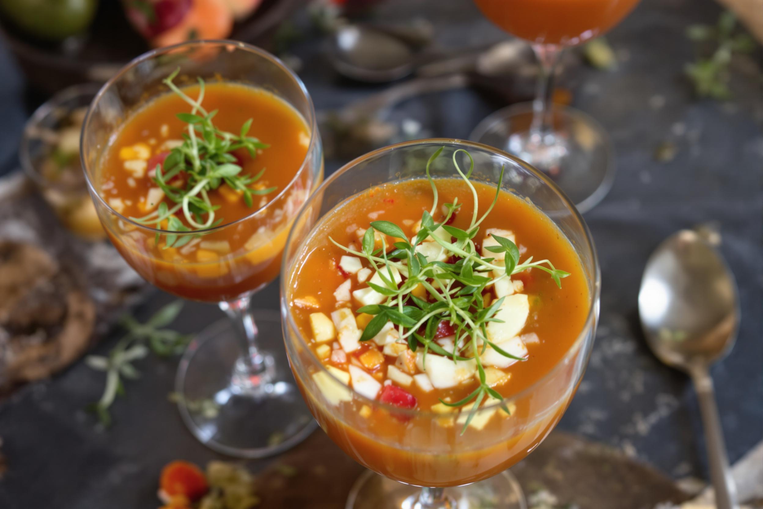 Capture the essence of summer with a refreshing heirloom tomato gazpacho. This chilled soup showcases a vibrant spectrum of tomato varieties, garnished with microgreens and served in elegant glassware, perfect for gourmet food photography.