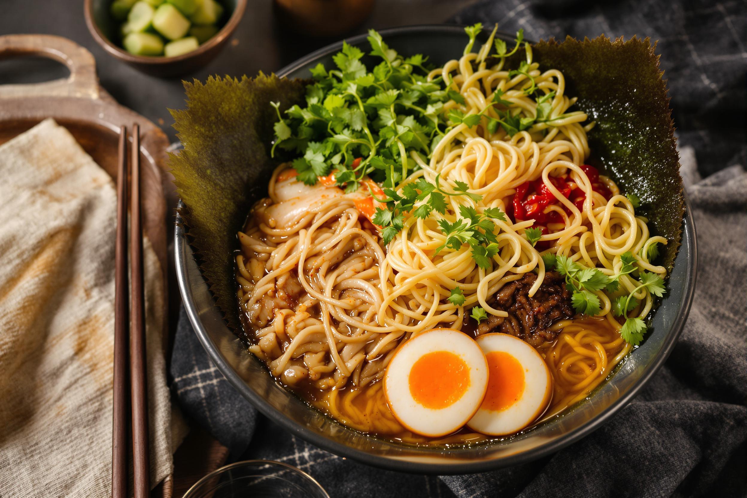 Elevate your culinary photography with this artfully arranged deconstructed ramen bowl. Featuring a rich, golden broth, perfectly cooked noodles, and an array of traditional toppings presented in a contemporary style.