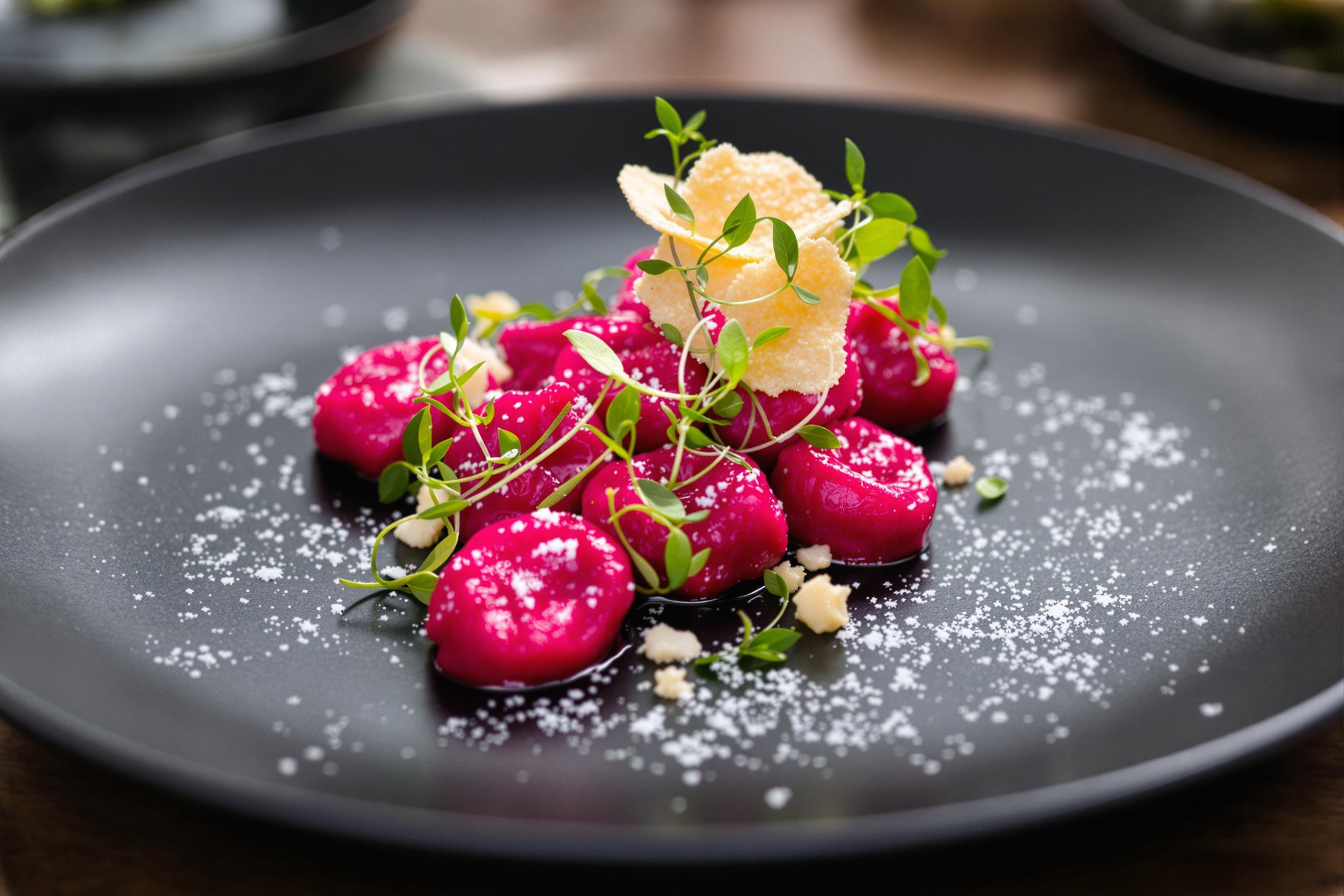 Handcrafted beet gnocchi creates a stunning visual on a matte black plate. The vibrant magenta dumplings are artfully arranged, garnished with microgreens and a delicate Parmesan crisp, showcasing modern gastronomy's artistic side.