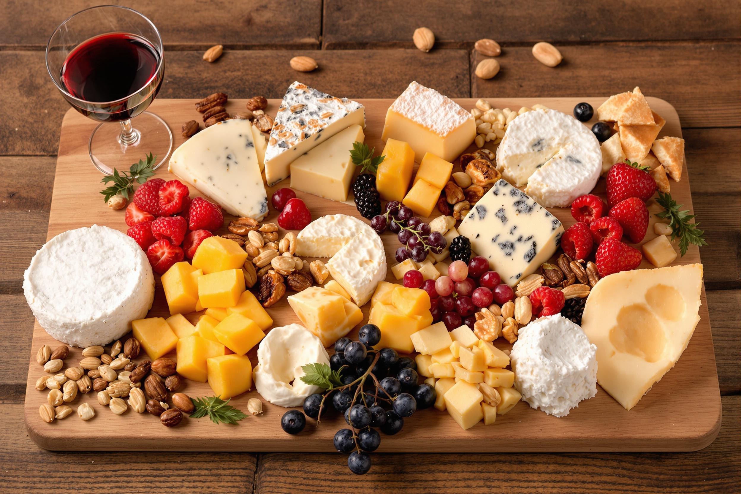 Exquisite artisanal cheese board featuring a variety of gourmet cheeses, fresh fruits, and nuts, paired with a glass of red wine. Rustic wooden backdrop with soft, warm lighting creates an inviting atmosphere for a sophisticated tasting experience.