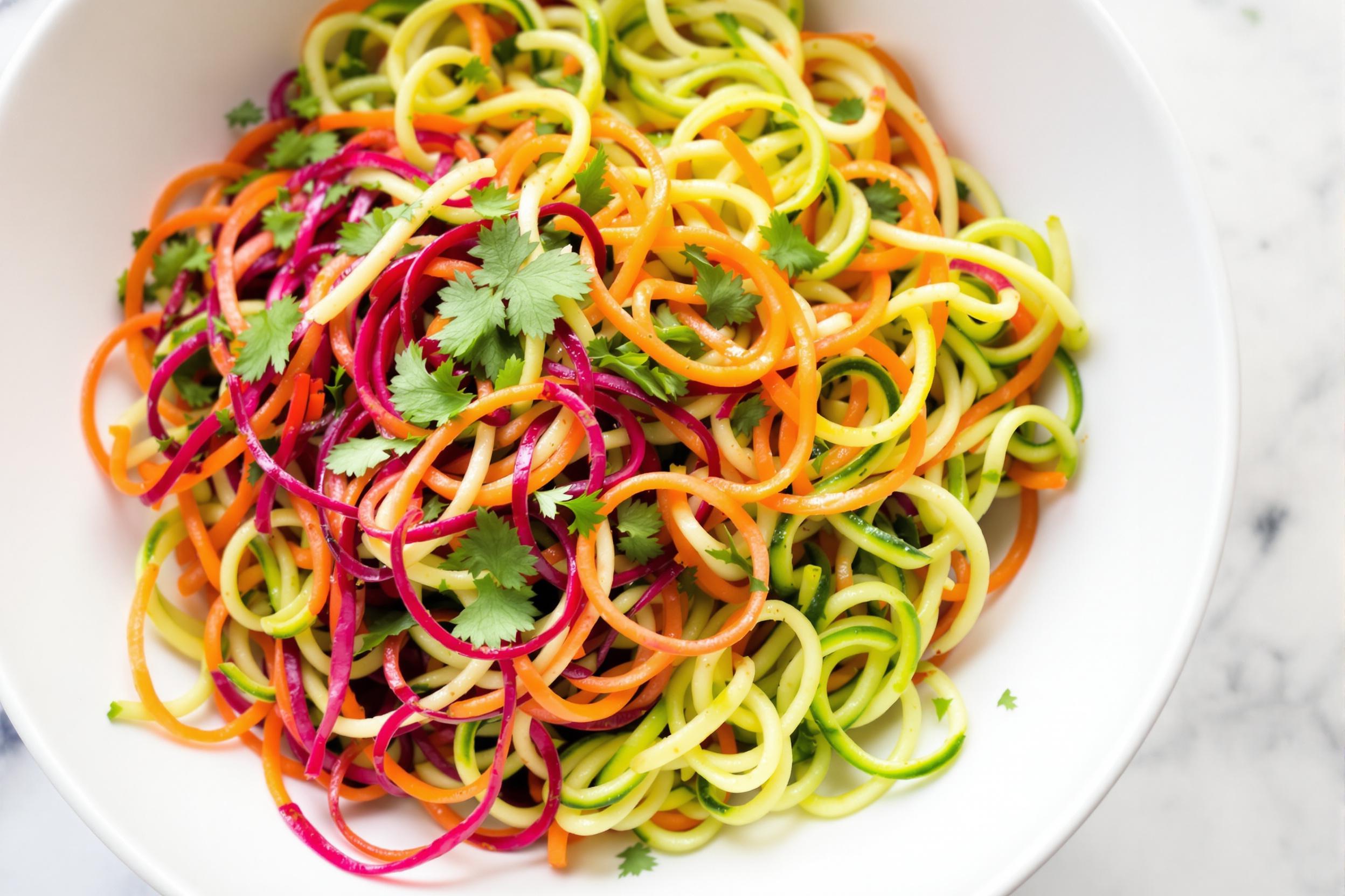 Colorful spiralized vegetable noodles create a visually stunning and nutritious meal. Zucchini, carrot, and beet spirals are artfully arranged in a white ceramic bowl, garnished with fresh herbs and a light vinaigrette. The image showcases the beauty of plant-based cuisine and modern food preparation techniques.