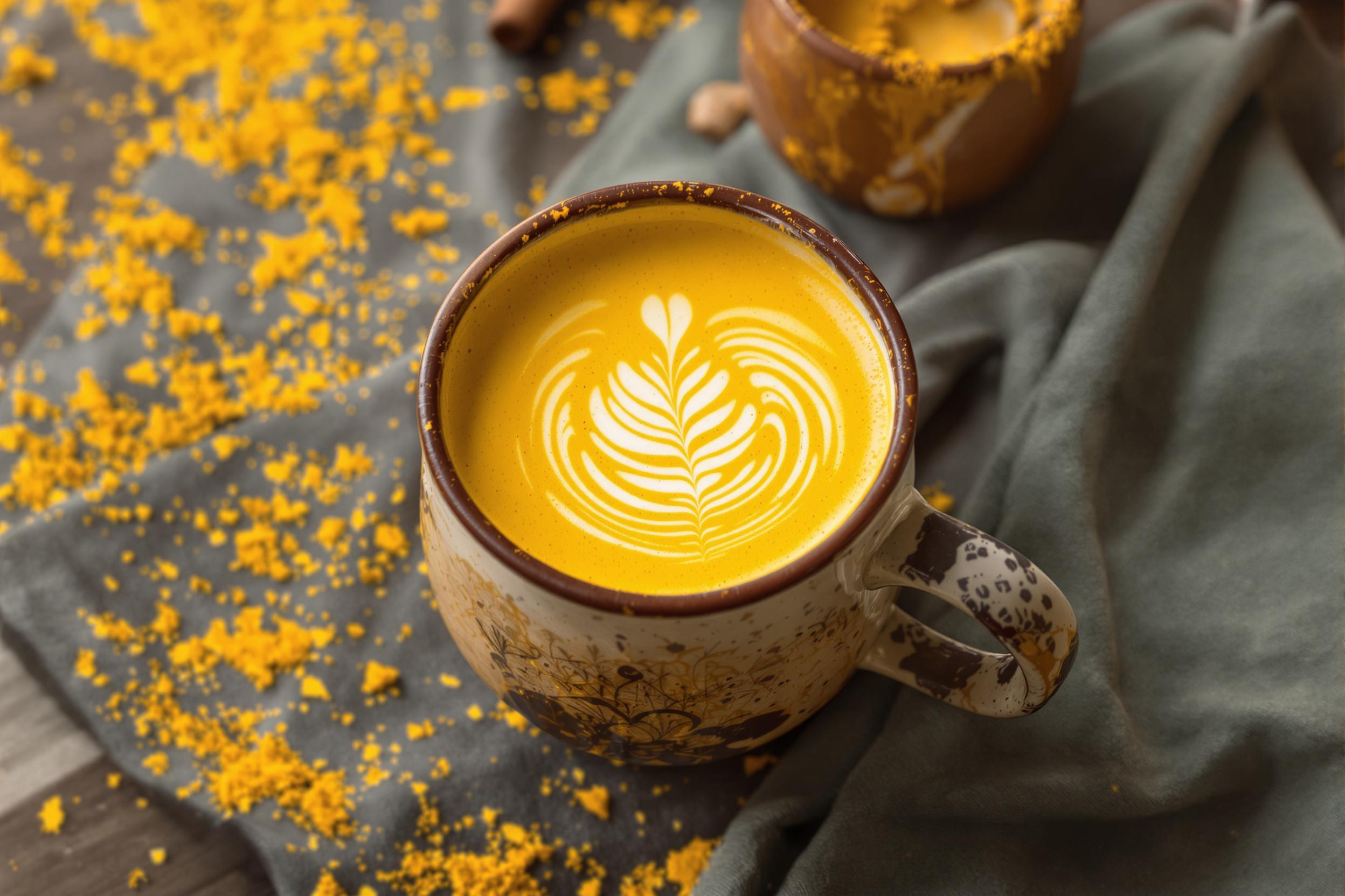 Discover the allure of golden milk in this captivating image of a turmeric latte. Rich, swirling patterns of vibrant yellow hues contrast beautifully against the rustic charm of a handcrafted ceramic mug, showcasing the artistry in modern wellness beverages.