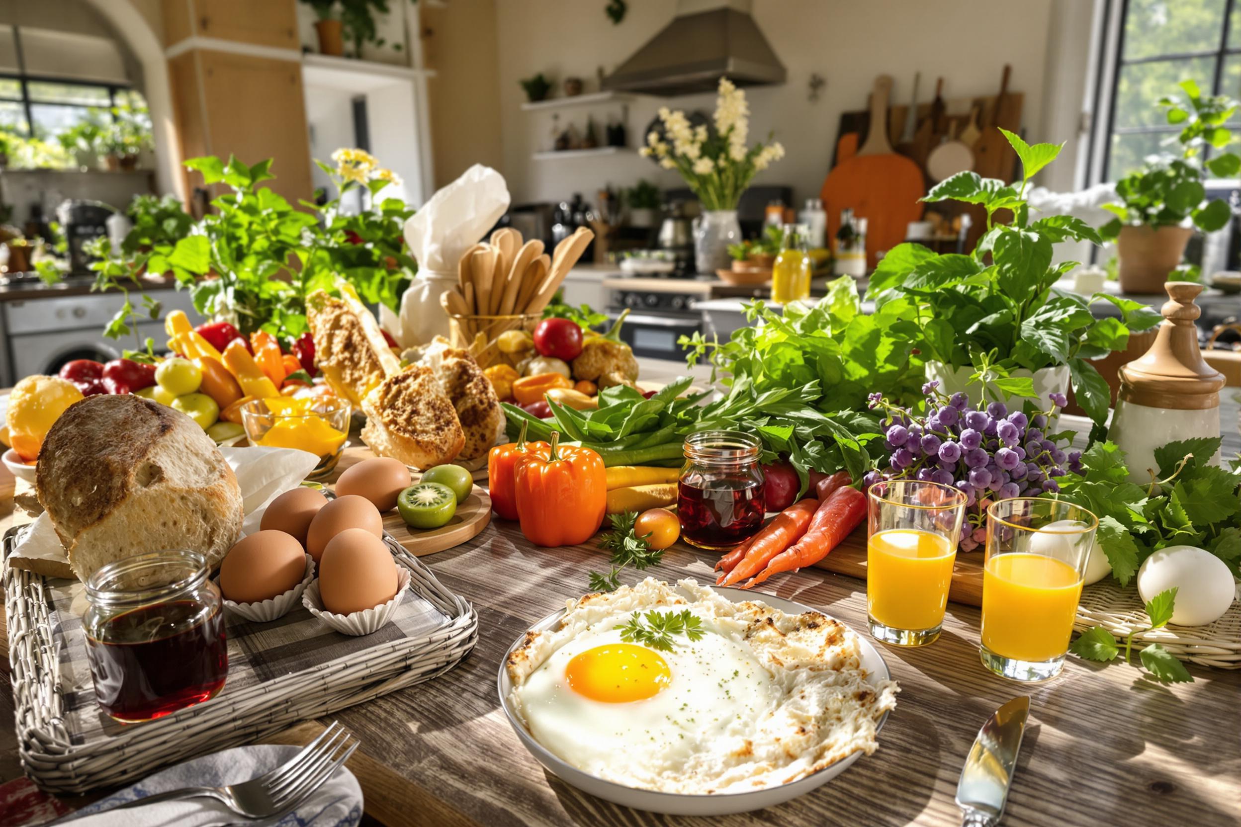 A vibrant farm-to-table breakfast scene in a sun-drenched rustic kitchen. Fresh eggs, artisanal bread, and colorful seasonal produce are artfully arranged on a weathered wooden table, showcasing the beauty of locally-sourced ingredients.