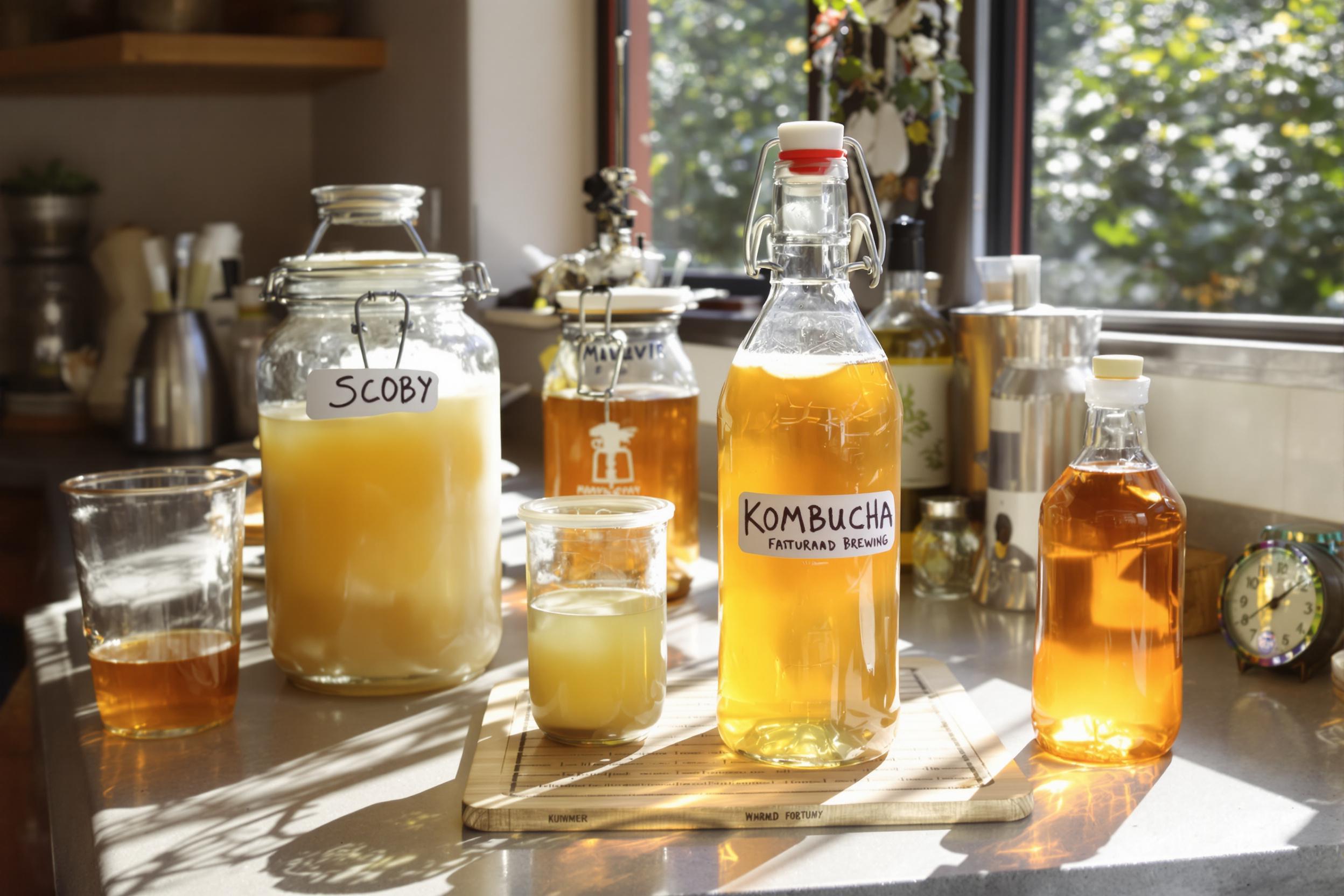 Explore the art of homemade kombucha brewing in this captivating image. A sunlit kitchen counter showcases various stages of the fermentation process, from SCOBY cultivation to bottling, highlighting the craft of probiotic beverage making.