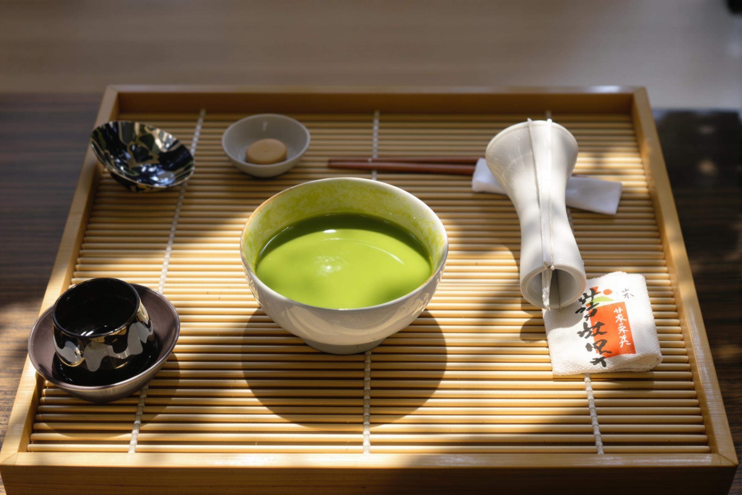 Experience tranquility with a meticulously arranged matcha tea ceremony. A handcrafted ceramic bowl holds vibrant green matcha, surrounded by traditional tools on a minimalist bamboo tray. Soft natural light illuminates the scene, creating a serene atmosphere perfect for mindfulness and reflection.