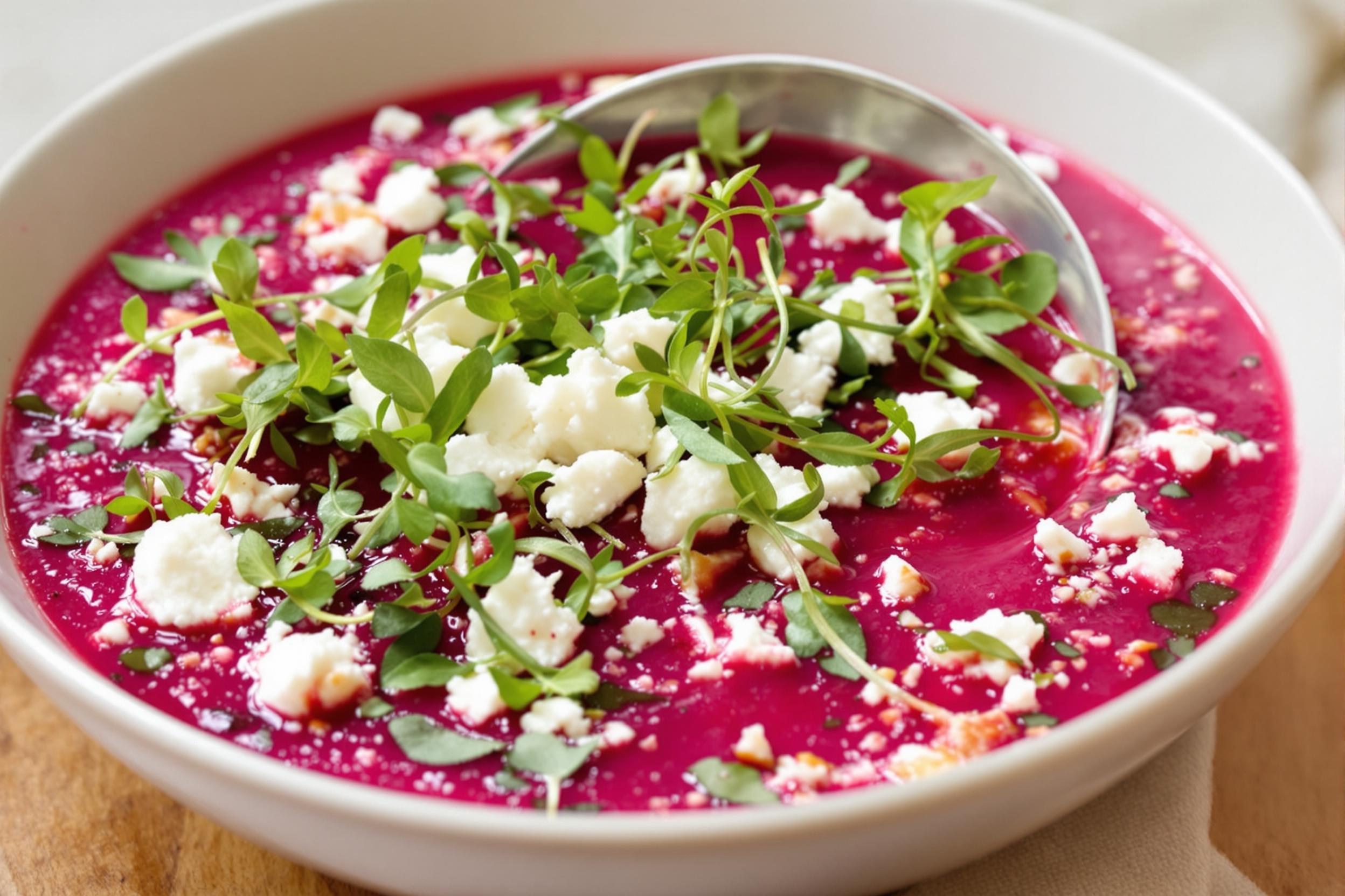 A refreshing twist on traditional gazpacho, this chilled beet soup captivates with its vibrant magenta hue. Garnished with tangy goat cheese crumbles and fresh microgreens, it's a feast for the eyes and palate.