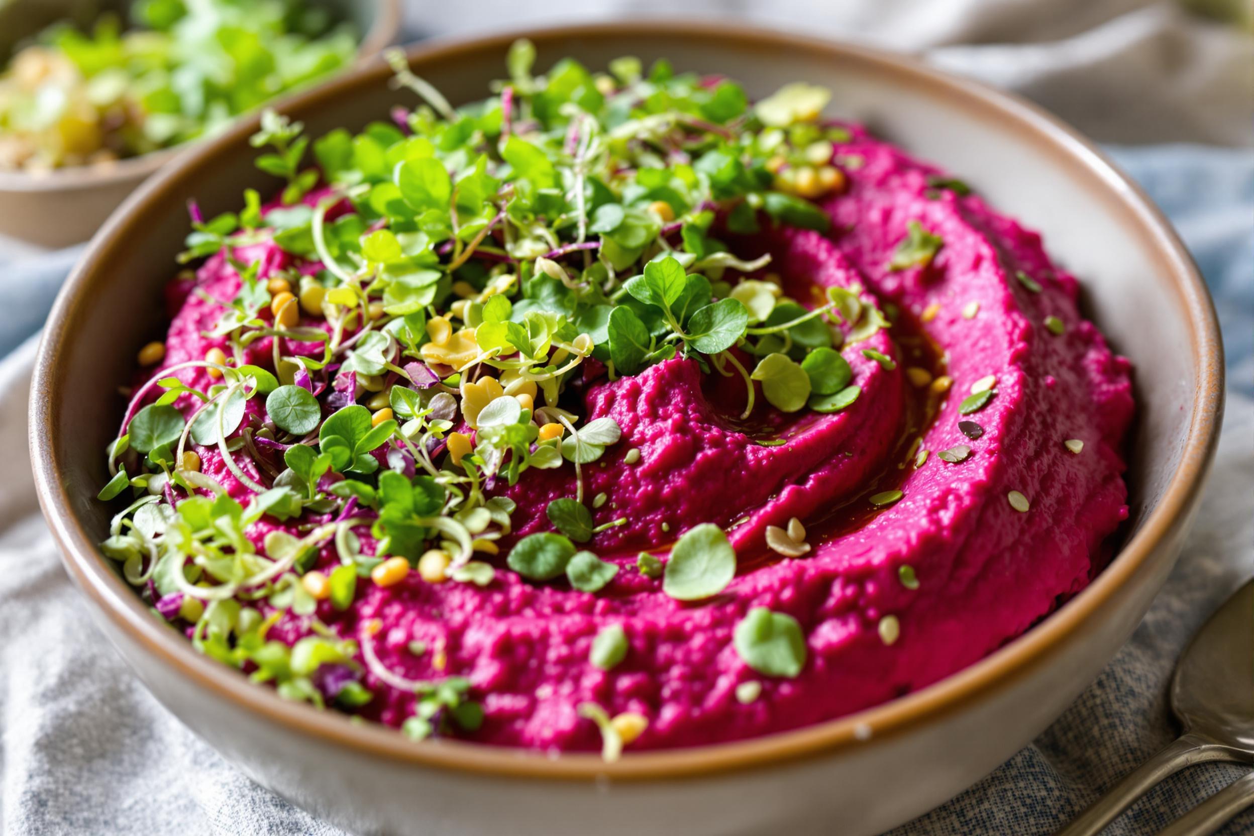 Striking magenta beet hummus bowl adorned with a variety of colorful microgreens, creating a visually stunning and nutritious dish. Soft natural light accentuates the vibrant colors and textures, perfect for health-conscious food photography.