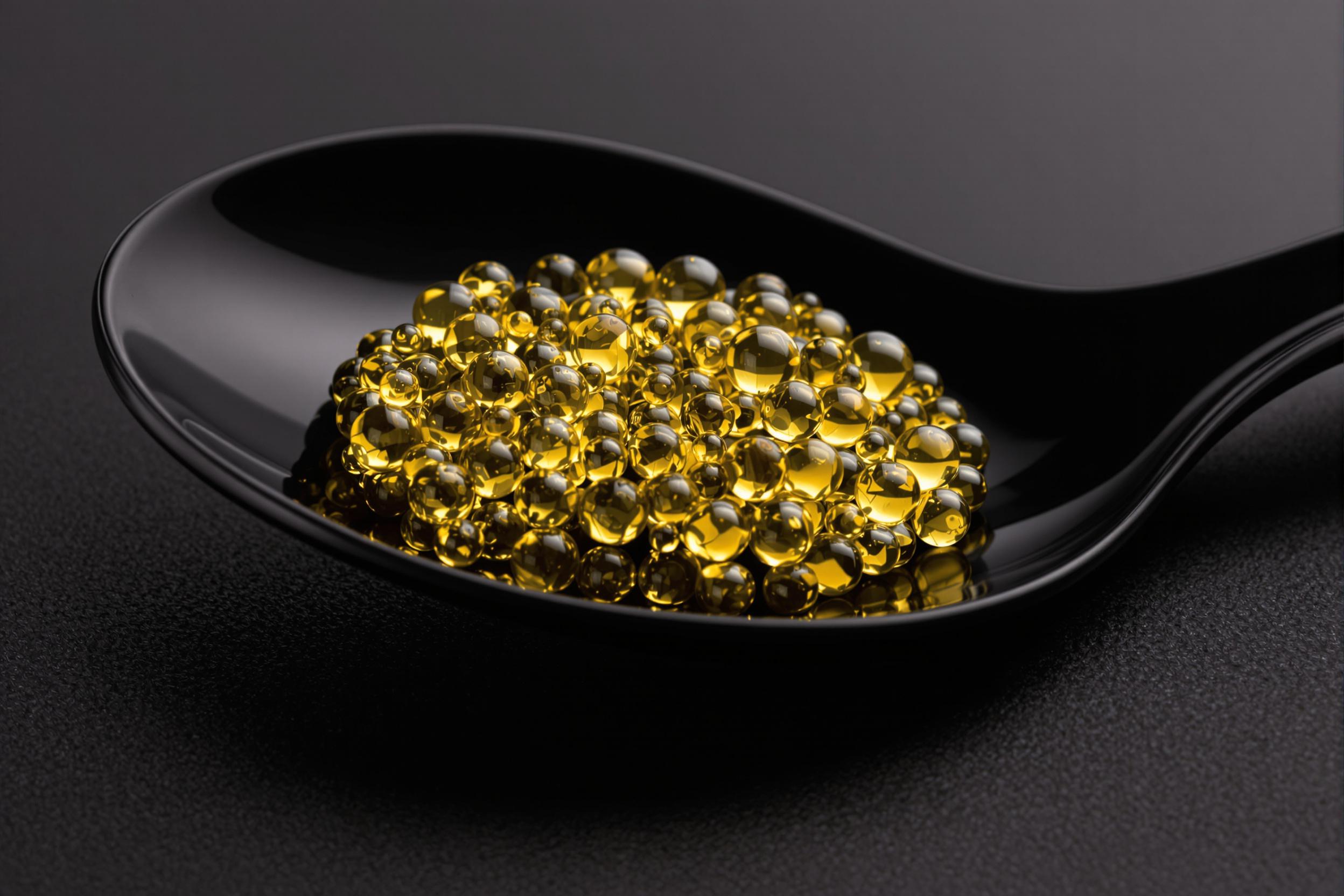 Explore the avant-garde world of molecular gastronomy with this striking image of spherified olive oil caviar. Delicate golden spheres rest on a sleek black spoon, showcasing the intersection of culinary science and artistry.