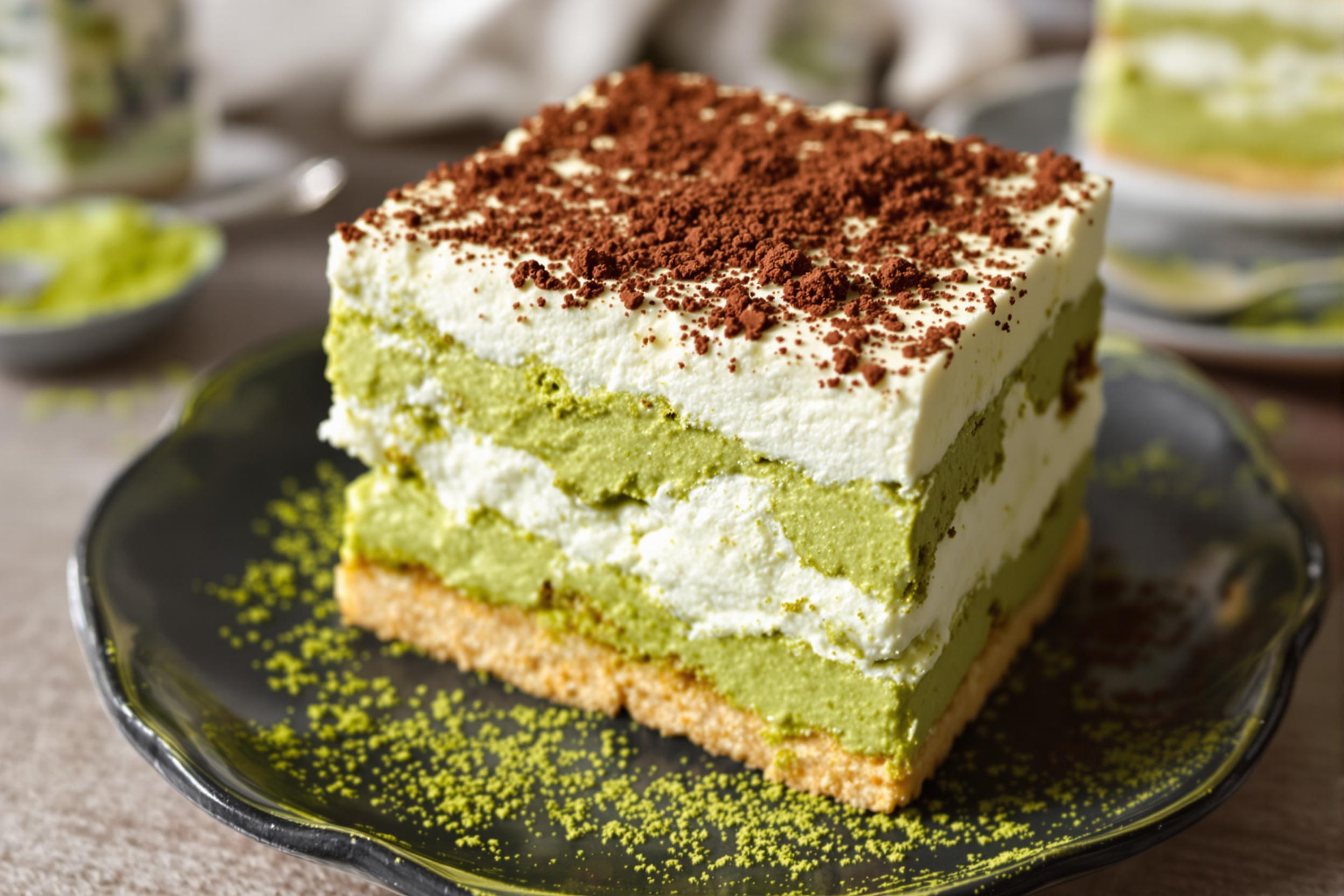 Indulge in the visual allure of a matcha tiramisu, where East meets West in a stunning layered dessert. Vibrant green matcha-infused mascarpone alternates with delicate ladyfingers, dusted with a contrast of matcha and cocoa powders, creating a modern twist on a classic Italian treat.