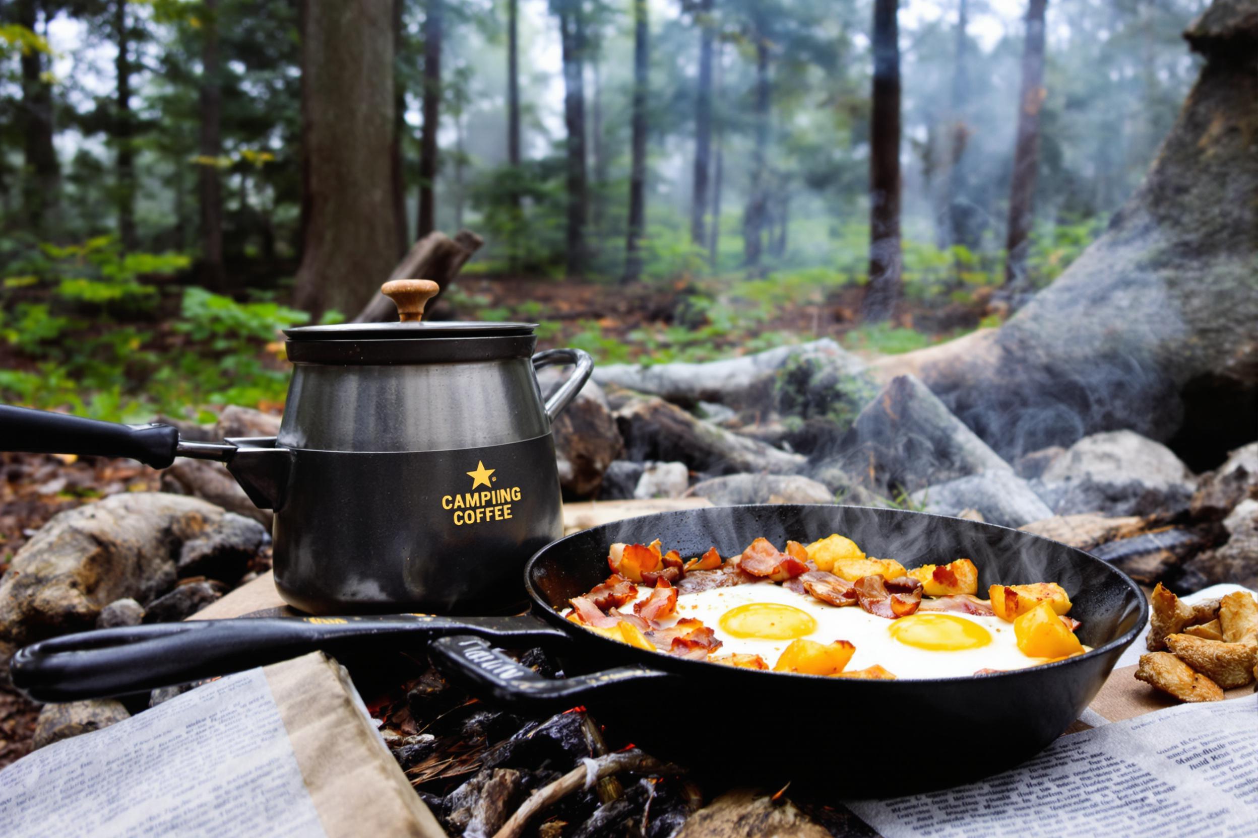 Savor the rugged charm of outdoor cooking with this rustic campfire breakfast scene. A steaming pot of cowboy coffee sits beside a sizzling cast iron skillet filled with eggs, bacon, and golden potatoes, all set against a misty forest backdrop.