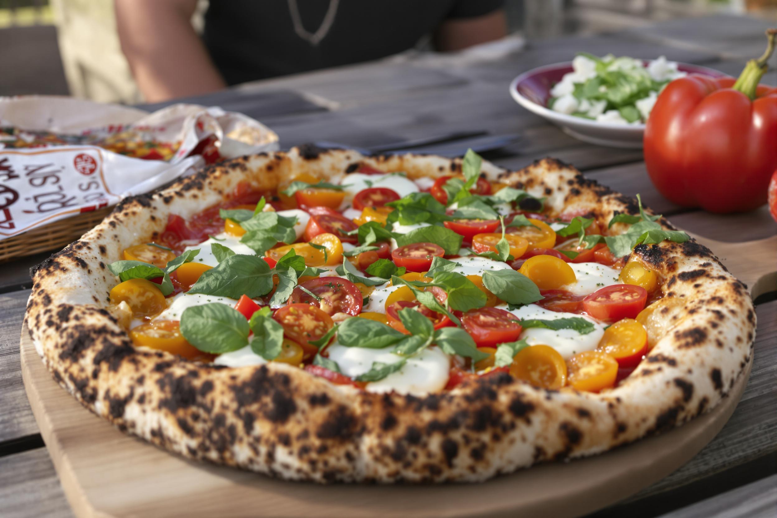 Rustic wood-fired sourdough pizza topped with heirloom tomatoes, fresh basil, and locally sourced mozzarella. Captured in a cozy outdoor setting, this image showcases the perfect blend of artisanal craftsmanship and farm-to-table ingredients.