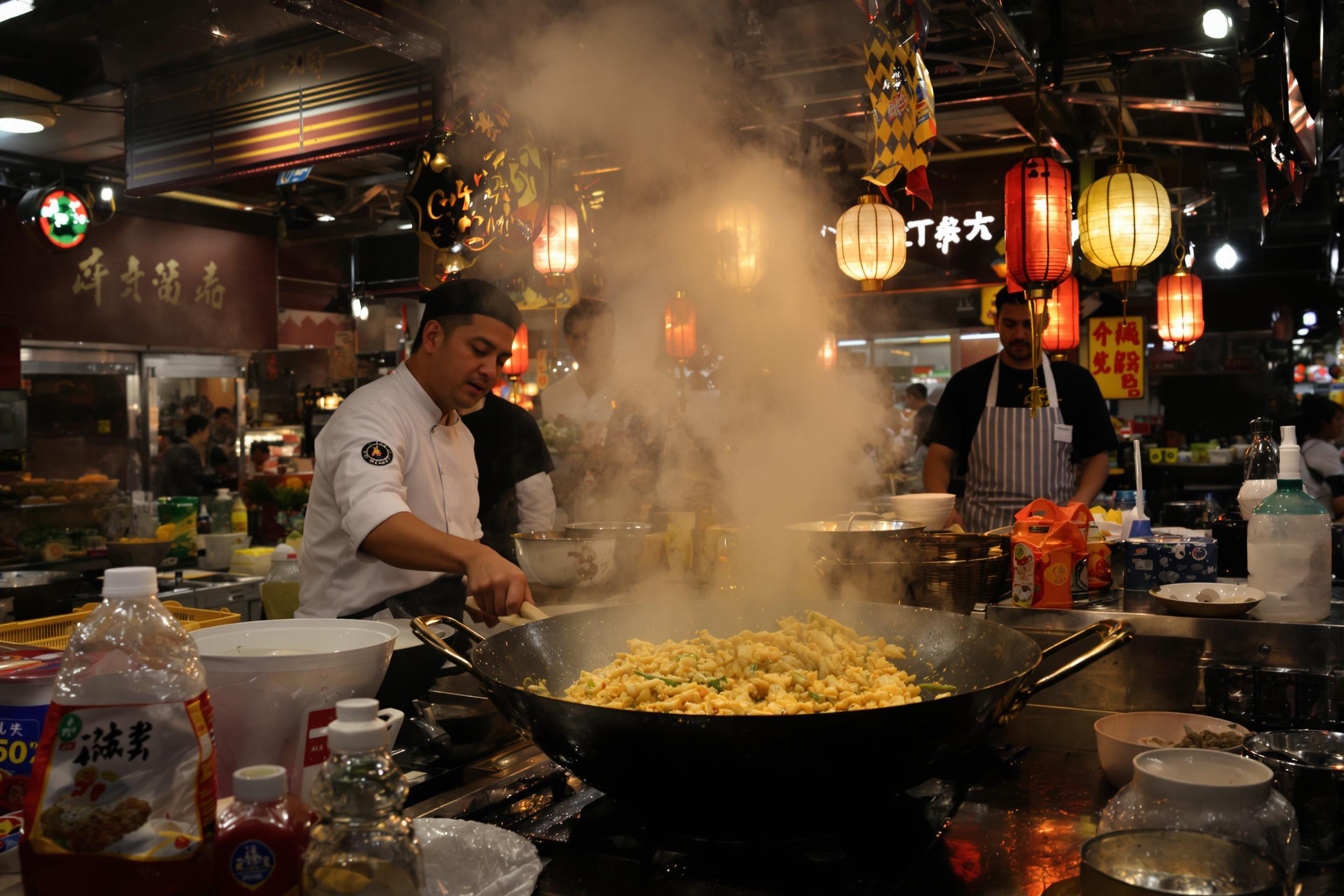 Dynamic scene of a bustling night market food stall, with a chef preparing sizzling stir-fry in a wok. Steam rises dramatically, illuminated by warm lantern light. Captures the energy and flavors of street food culture.