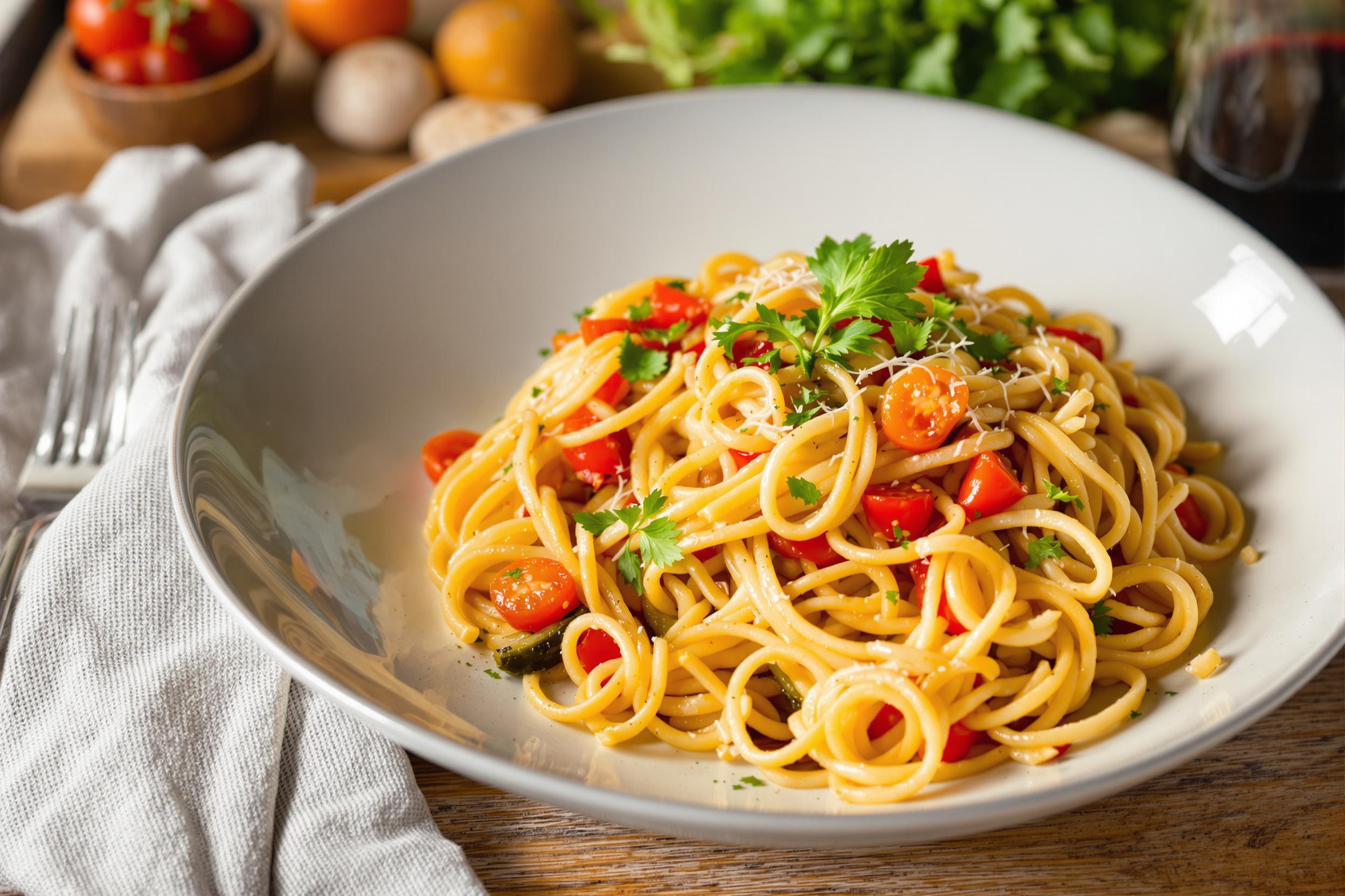 This stunning image showcases a gourmet pasta dish elegantly plated with vibrant vegetables and herbs. The warm, inviting colors of the dish contrast beautifully against a rustic wooden table, creating a cozy dining atmosphere. Soft, natural lighting enhances the textures of the pasta and the freshness of the ingredients, making it perfect for food blogs and culinary publications. Captured from a slightly elevated angle, the composition draws attention to the intricate details of the dish, inviting viewers to indulge in this culinary delight.