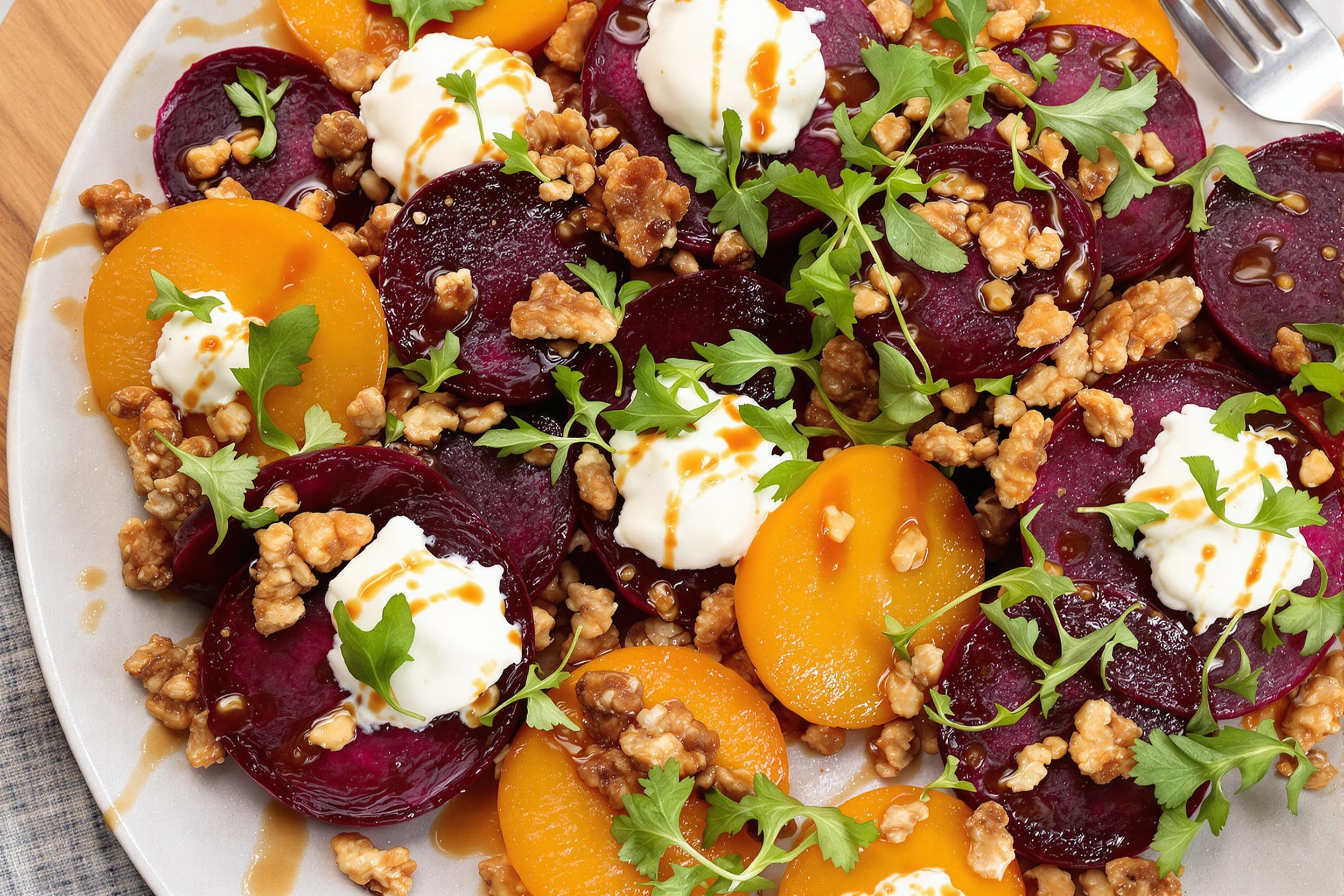 Elevate your food photography with this artistic deconstructed beet salad. Vibrant purple and golden beets arranged in a geometric pattern, accompanied by dollops of creamy goat cheese, candied walnuts, and micro arugula. A drizzle of balsamic reduction adds a glossy finish to this visually striking dish.