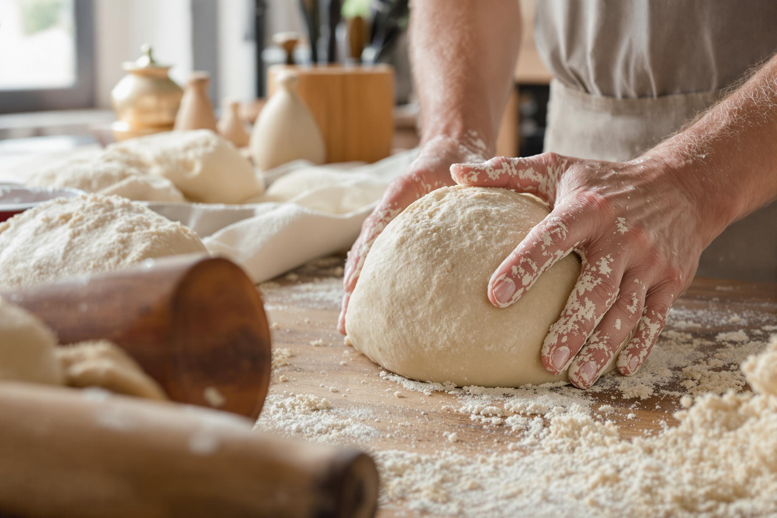 Capture the artistry of sourdough bread making in this rustic kitchen scene. A skilled baker's hands shape a perfectly fermented dough, surrounded by flour-dusted wooden surfaces and traditional baking tools. Natural light streams in, highlighting the bread's textured crust.