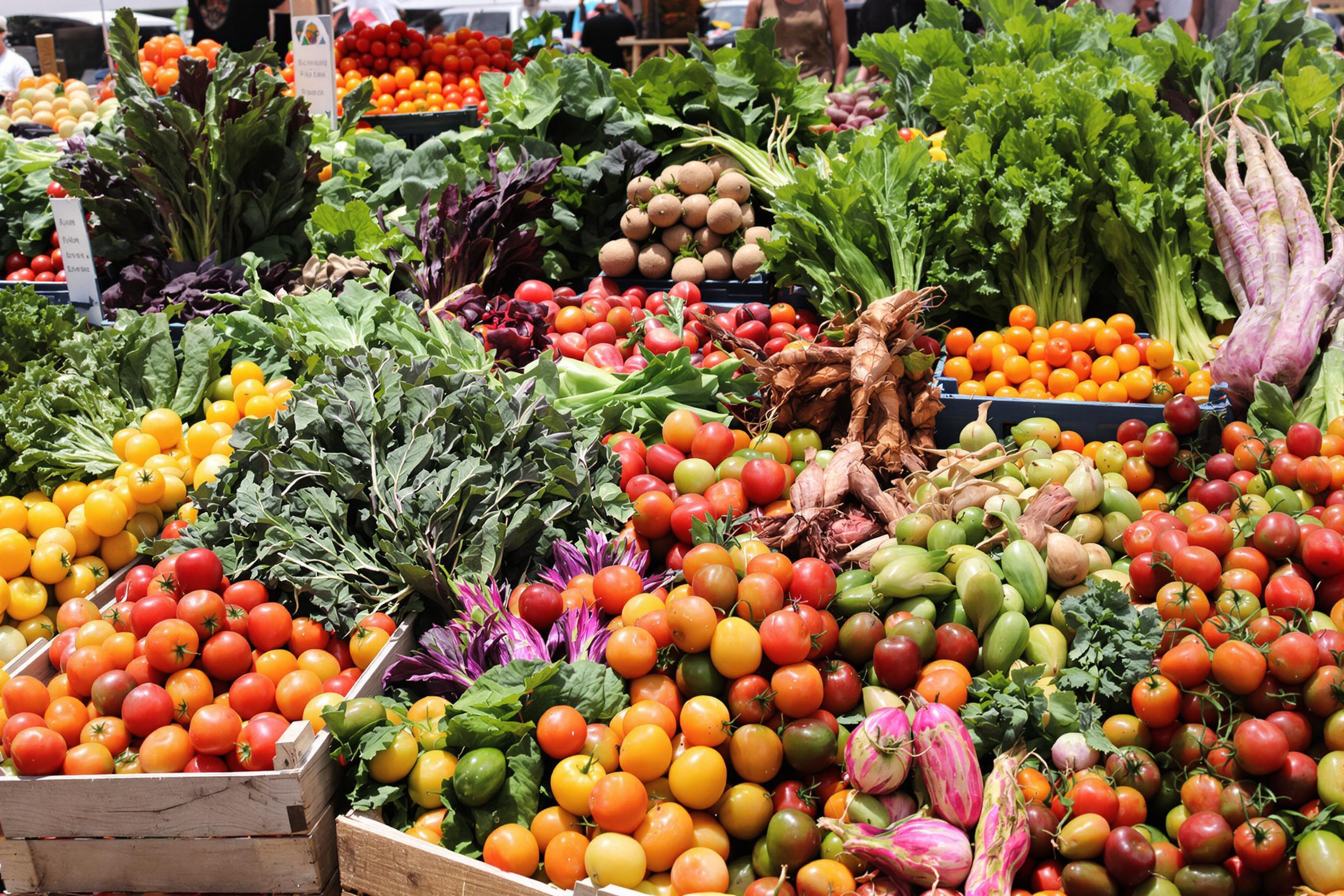 A colorful array of freshly harvested produce displayed at a bustling farmers market. Wooden crates overflow with heirloom tomatoes, leafy greens, and vibrant root vegetables. Natural sunlight illuminates the scene, highlighting the textures and colors of the seasonal bounty.