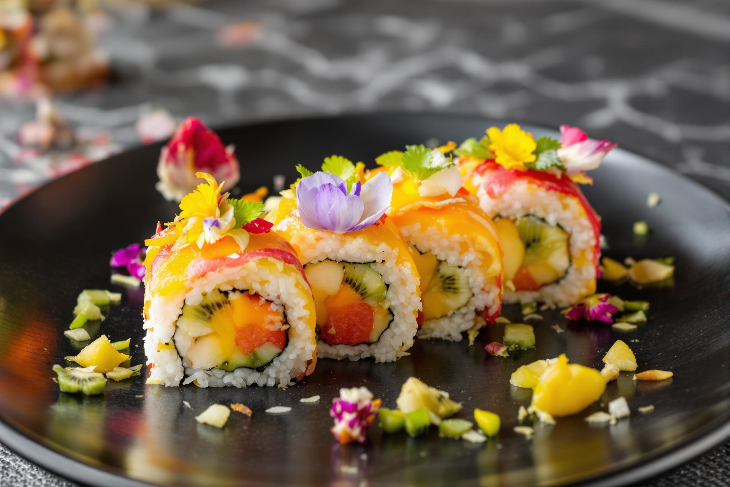 Vibrant plate of fruit sushi rolls, blending traditional Japanese technique with tropical flavors. Mango, kiwi, and dragon fruit wrapped in coconut rice and nori, garnished with edible flowers. Soft natural lighting accentuates the dish's vivid colors against a sleek black ceramic backdrop.