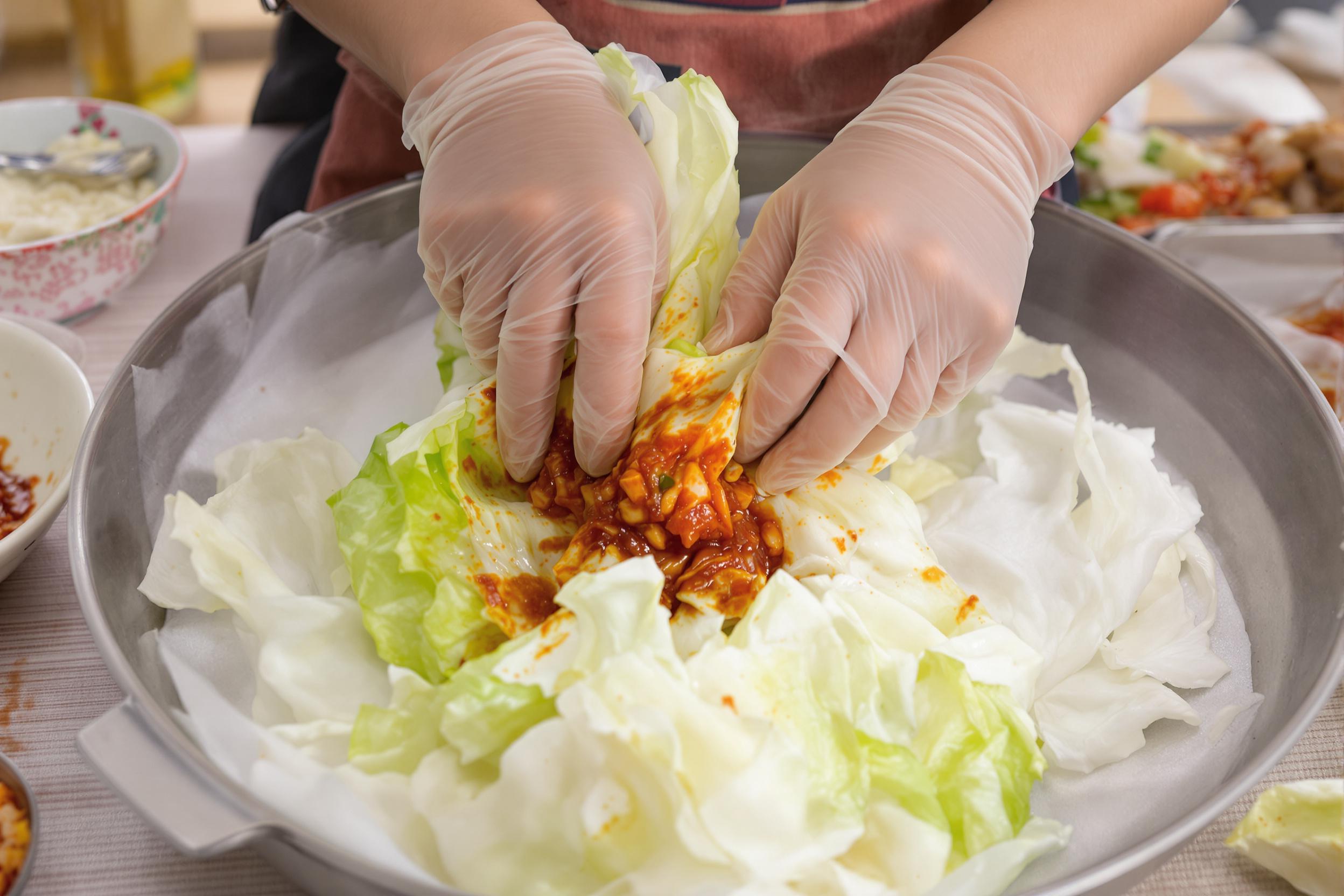 Capture the art of Korean kimchi-making in this dynamic image. Hands in food-safe gloves mix vibrant red chili paste into crisp napa cabbage leaves, showcasing the traditional fermentation process. The image highlights the rich cultural heritage and probiotic benefits of this beloved dish.