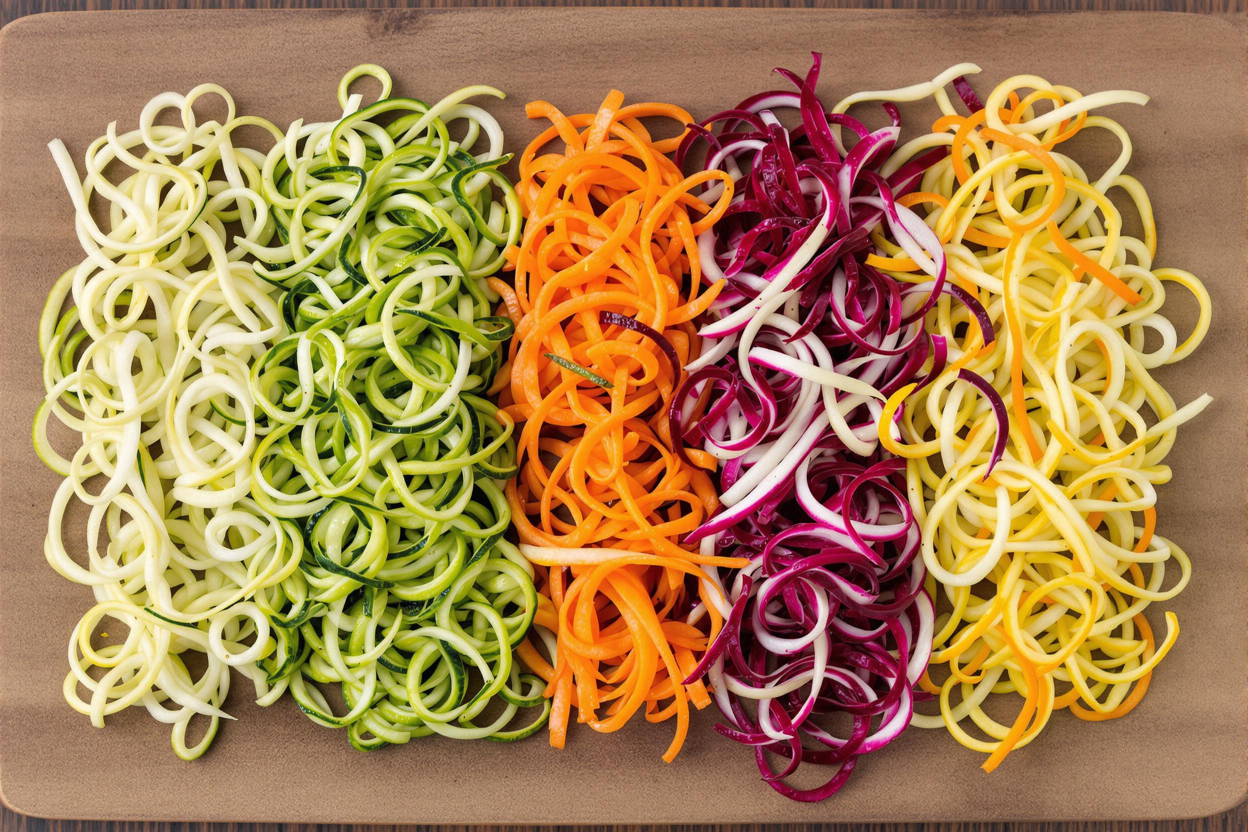 Colorful spiralized vegetable noodles artfully arranged on a rustic wooden board. Zucchini, carrot, and beet spirals create a visually striking composition, showcasing the beauty of plant-based cuisine and modern food preparation techniques.