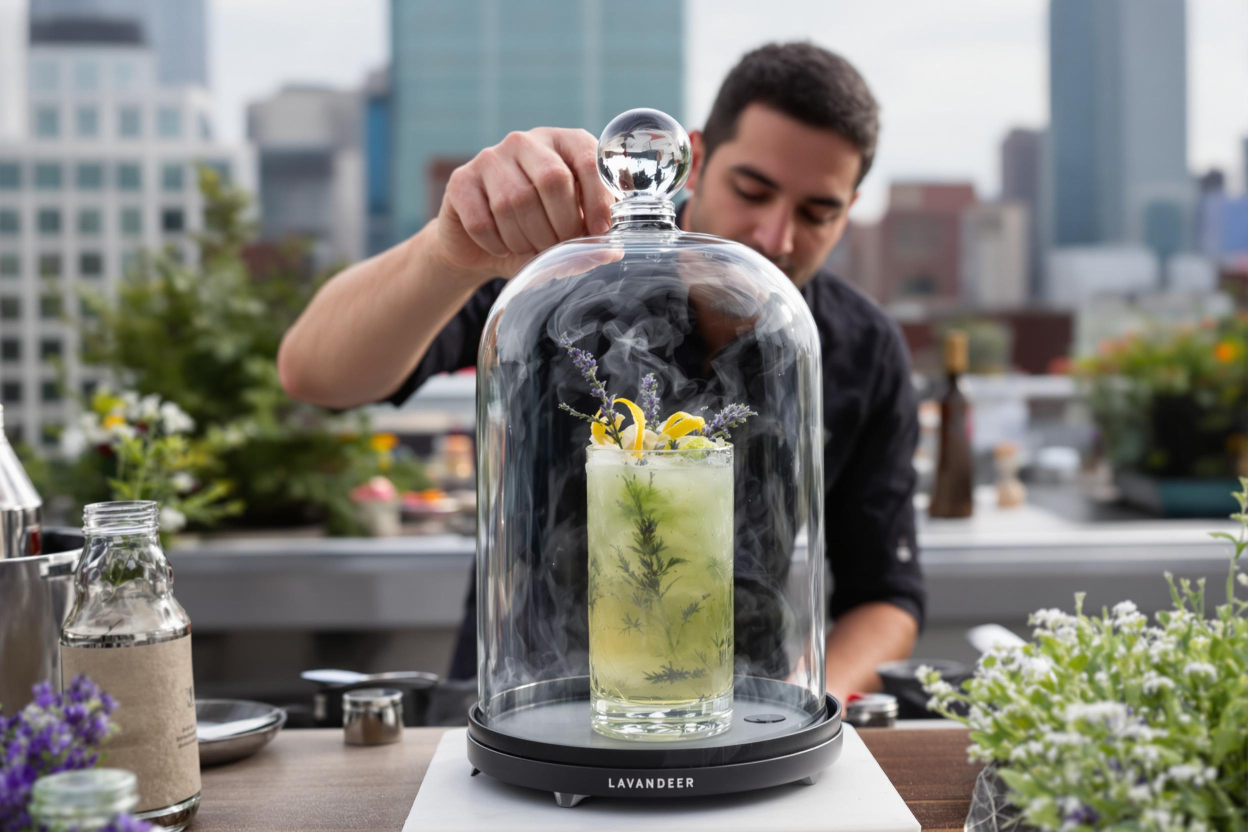 Mixologist crafting a botanical cocktail using freshly picked herbs from a rooftop garden. Glass cloche filled with smoke, revealing a gin-based drink garnished with lavender sprigs and citrus peel. Urban skyline visible in background.