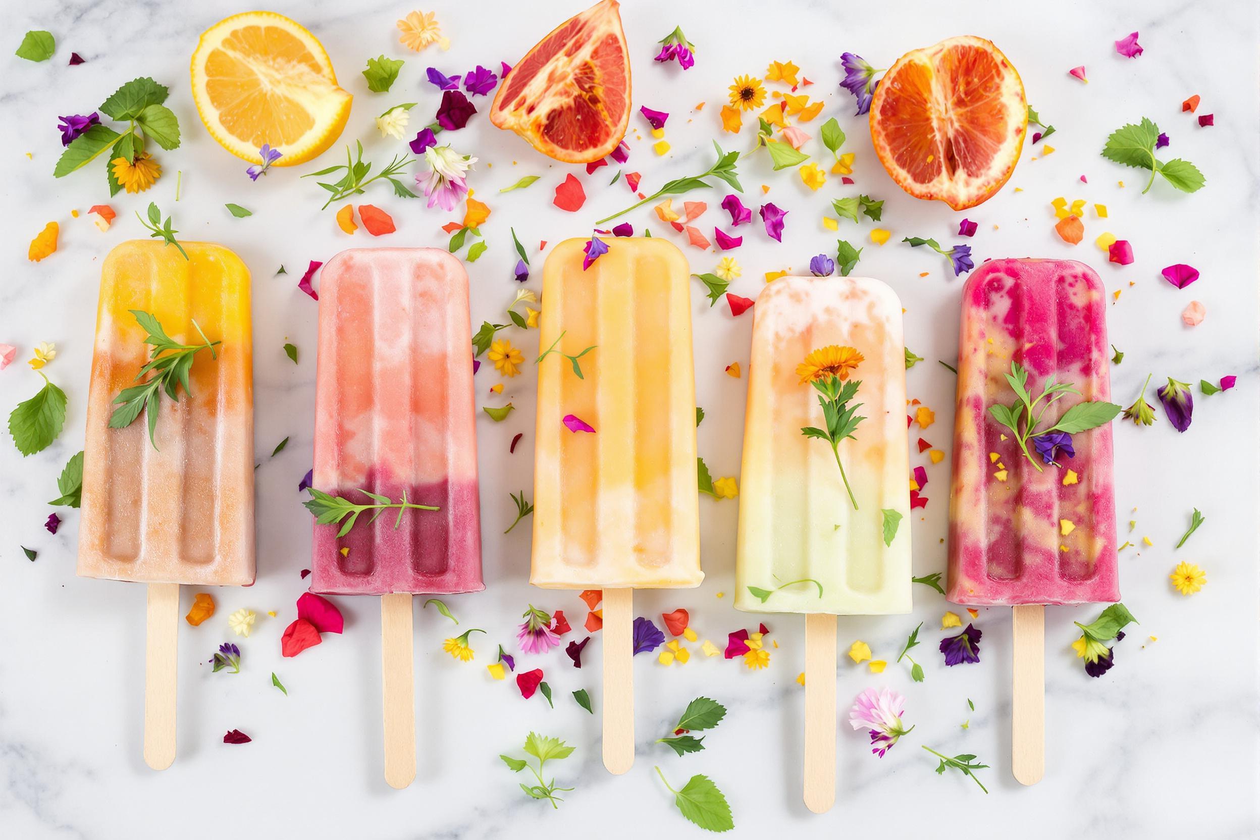 Elegant display of handcrafted gourmet popsicles on a luxurious marble surface. These artisanal frozen treats showcase vibrant colors and unique flavors, garnished with fresh herbs and edible flowers for a sophisticated twist on a classic summer dessert.