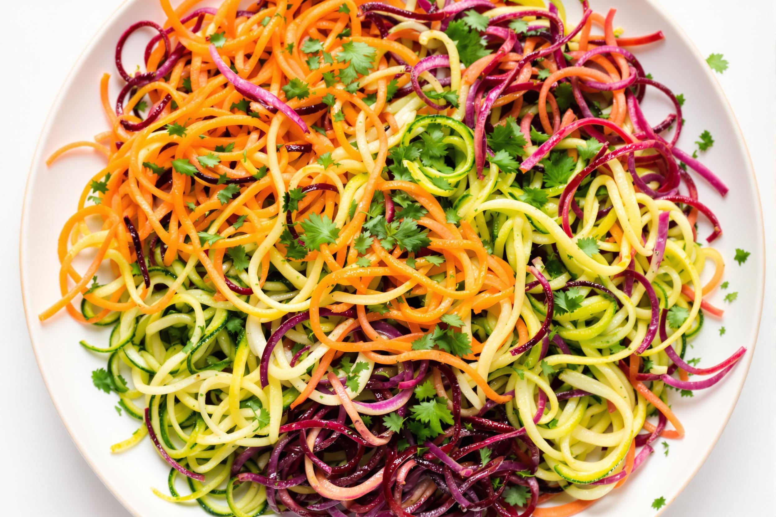 Colorful spiralized vegetable noodles artfully arranged on a white ceramic plate. Zucchini, carrot, and beet spirals create a visually striking and nutritious low-carb pasta alternative, garnished with fresh herbs and a light vinaigrette.