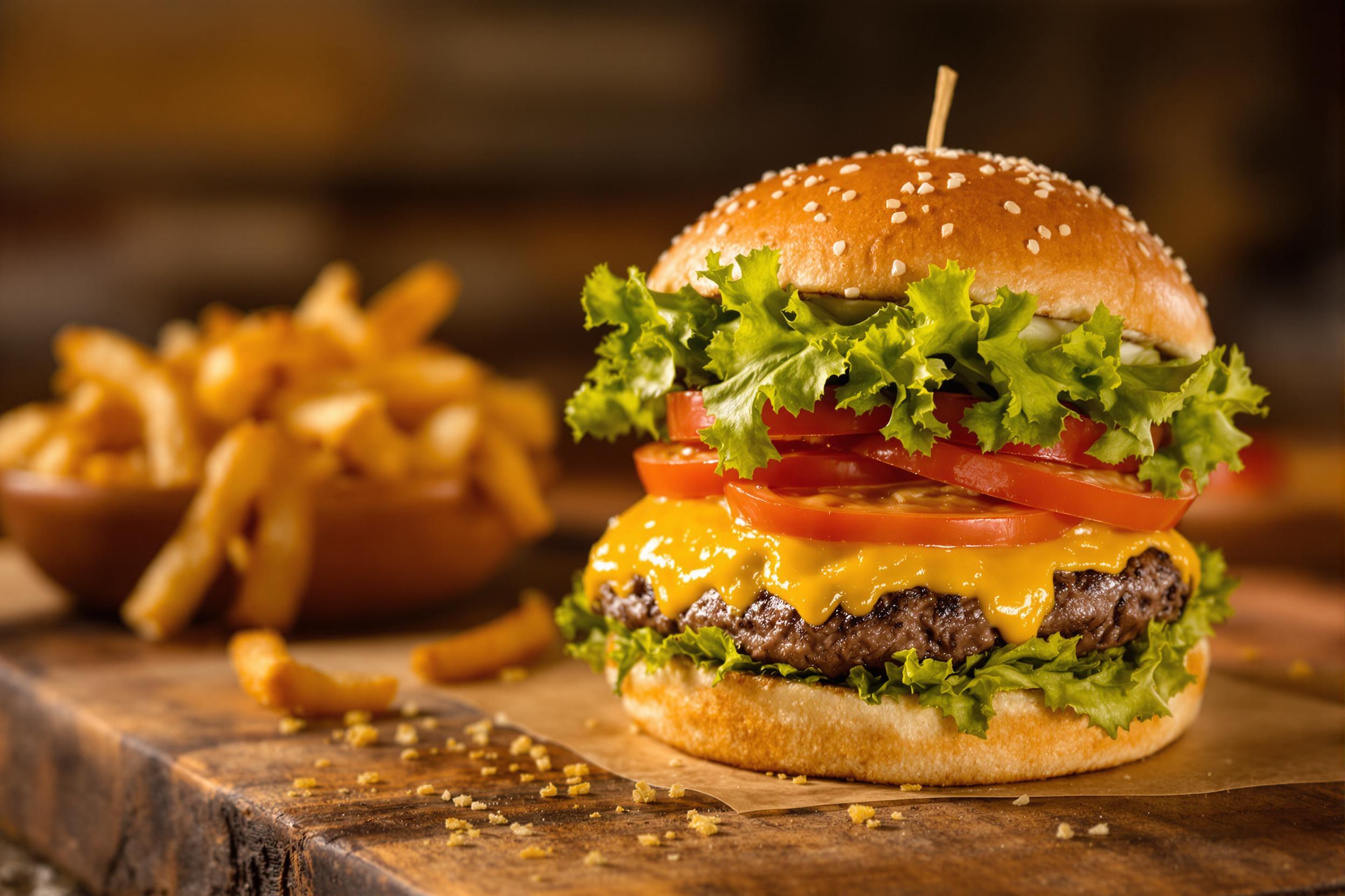 A mouthwatering gourmet burger stacked high with fresh lettuce, juicy tomato, and melted cheese, served on a rustic wooden table. The warm, natural lighting enhances the vibrant colors of the ingredients, creating an inviting atmosphere. This image captures the essence of culinary delight, perfect for food enthusiasts and restaurant promotions.