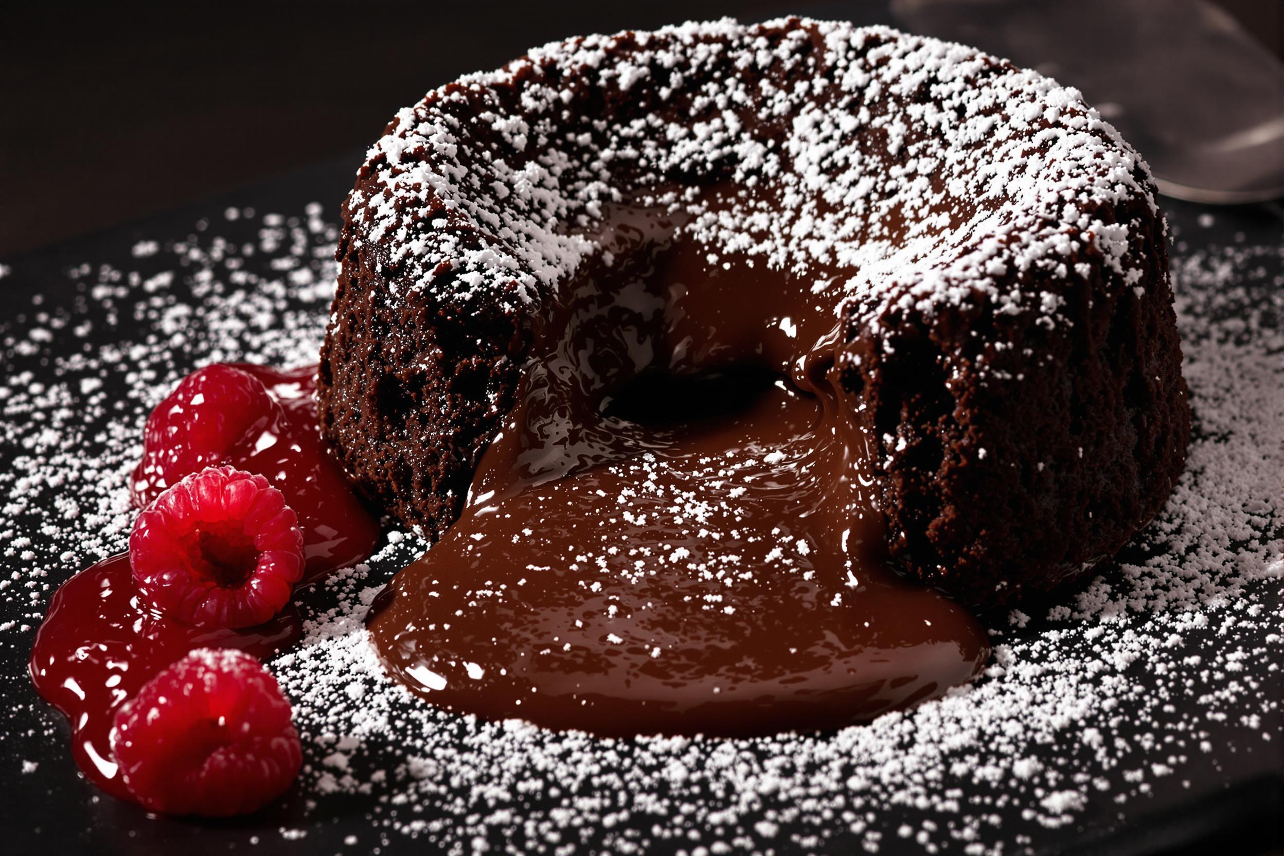 Indulgent chocolate lava cake with a molten center, dusted with powdered sugar and accompanied by a vibrant raspberry coulis. Captured in dramatic lighting on a dark slate surface, showcasing the contrast between the rich dessert and the bright fruit sauce.