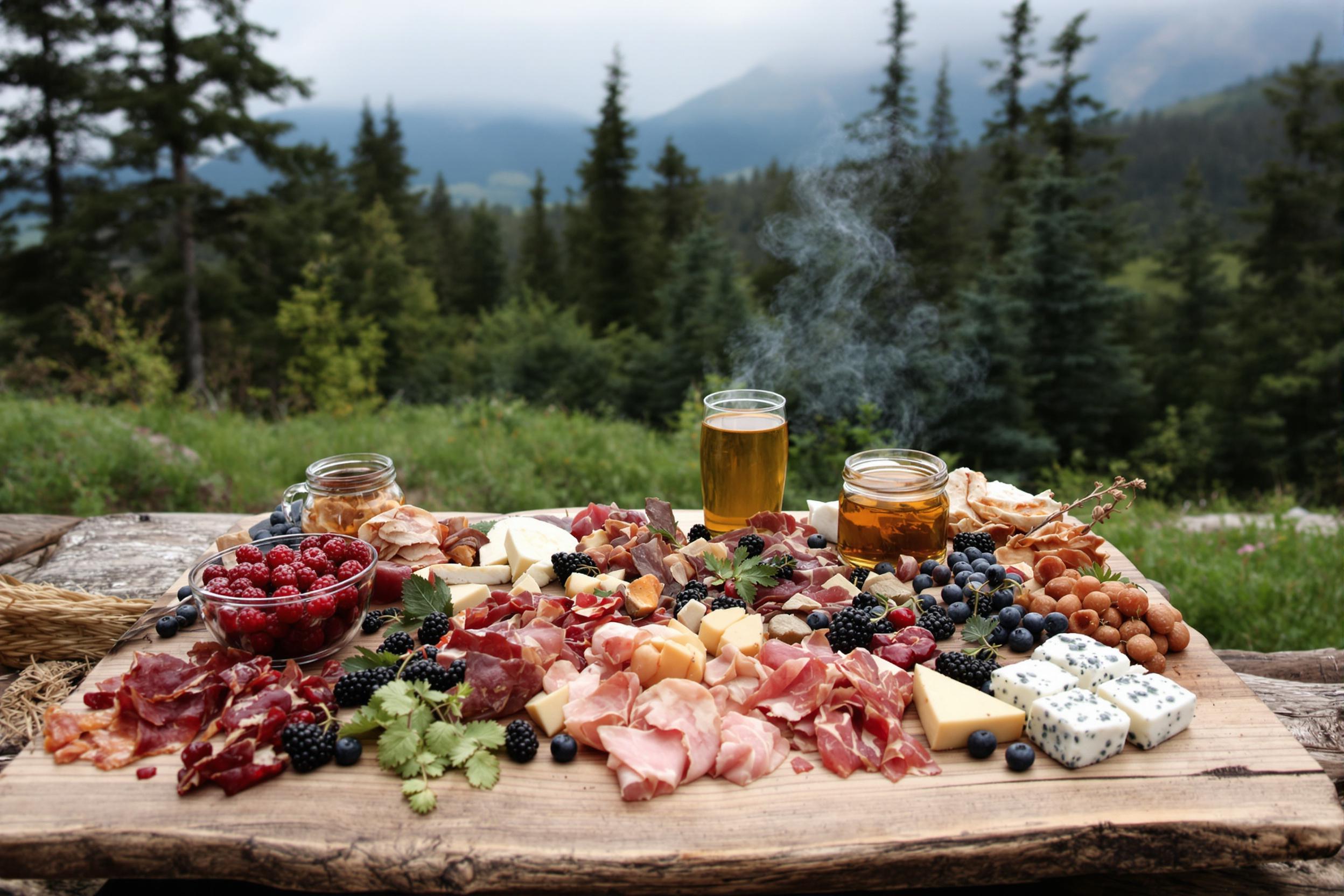 Indulge in the ultimate outdoor dining experience with this rustic campfire charcuterie board. Artisanal meats, cheeses, and foraged wild berries are artfully arranged on a weathered wooden plank, set against a backdrop of misty mountains and towering pines.