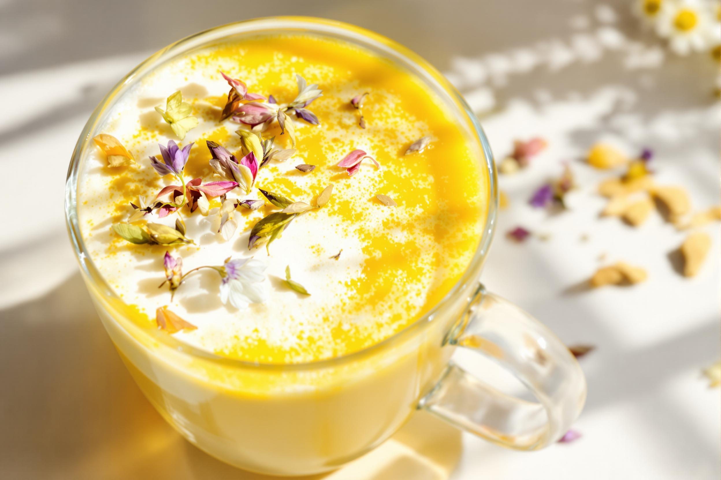 Golden turmeric latte in a clear glass mug, topped with frothy coconut milk and garnished with delicate edible flowers. Soft natural light illuminates the vibrant yellow hue, creating a visually striking and health-conscious beverage presentation.