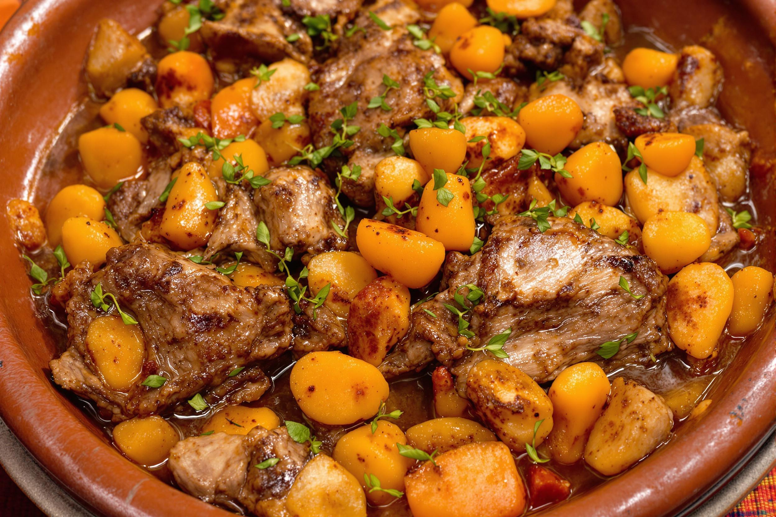 Discover the aromatic allure of a traditional Moroccan tagine, simmering with tender lamb, apricots, and a medley of spices. This colorful dish showcases the rich flavors and cultural heritage of North African cuisine, inviting viewers on a gastronomic adventure.