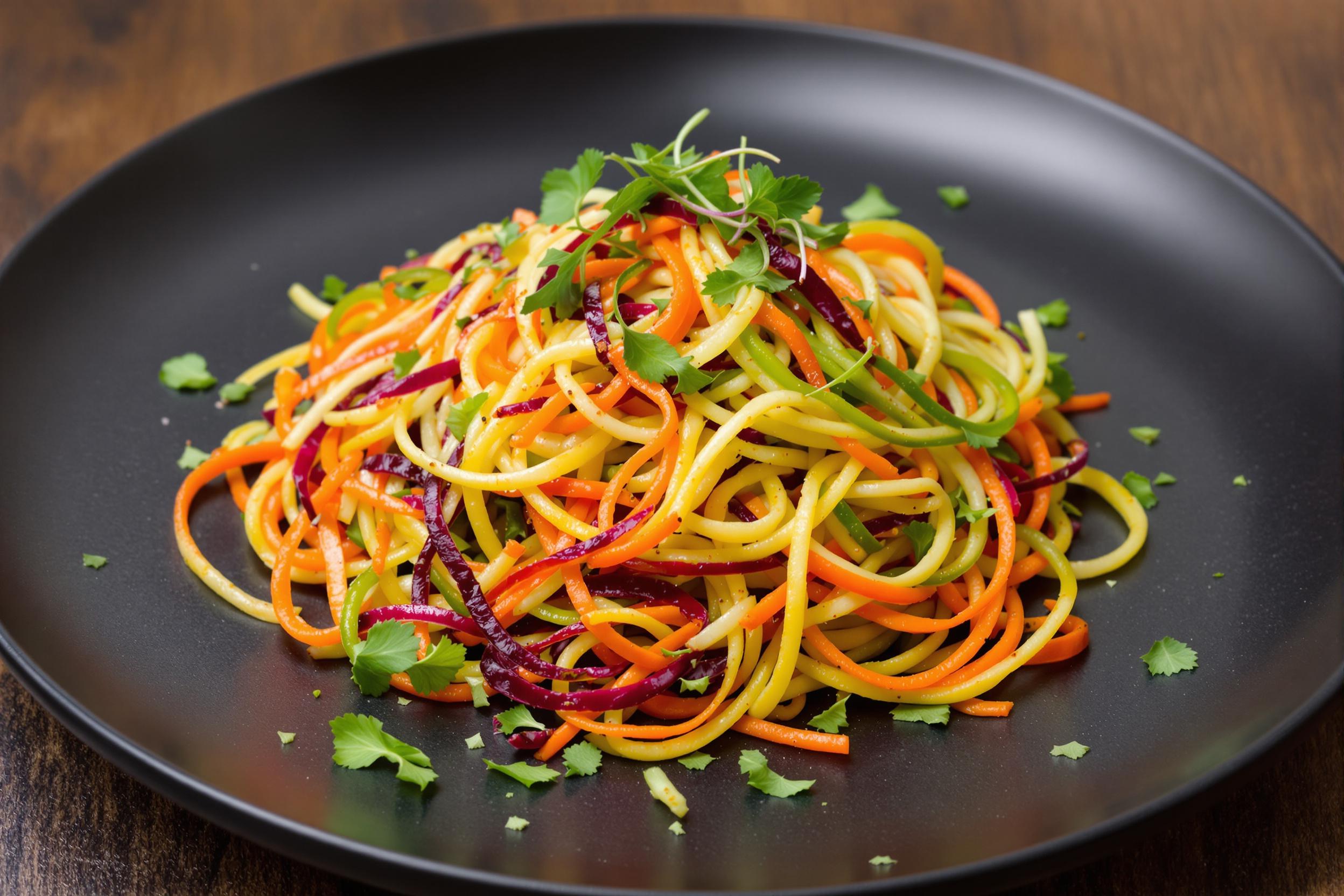 Colorful spiralized vegetable noodles artfully arranged on a matte black plate. Zucchini, carrot, and beet noodles create a vibrant, healthy alternative to traditional pasta. Garnished with microgreens and a light vinaigrette.