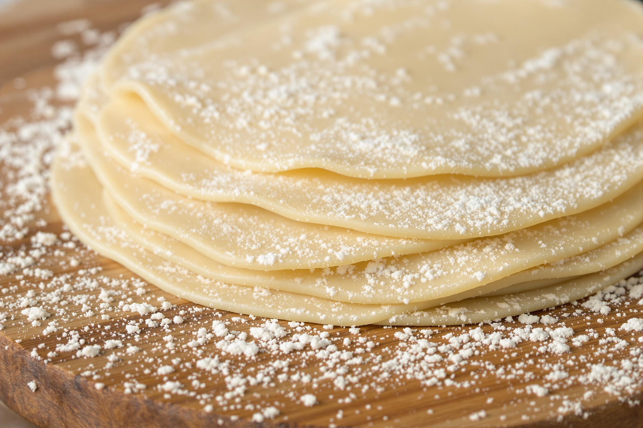 A close-up showcases a delicate stack of freshly rolled pasta dough sheets, dusted lightly with flour, set atop a rustic wooden countertop. Striking details highlight the smooth, slightly uneven texture of each sheet and fine scatterings of semolina. Soft, natural overhead light casts a gentle glow on the scene, evoking an artisanal kitchen atmosphere.