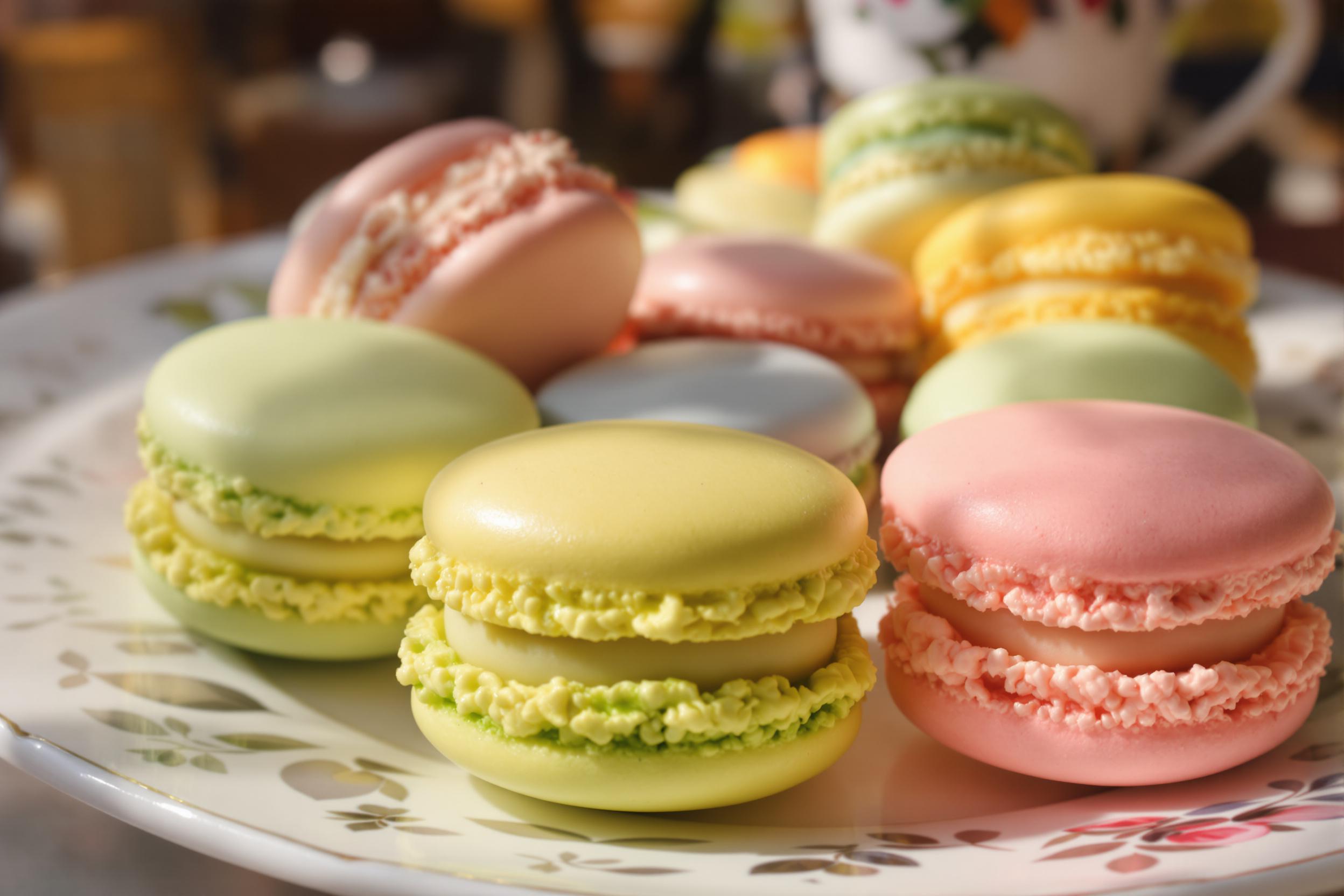 A close-up captures an array of colorful macarons delicately arranged on a decorative ceramic plate. The vibrant hues, including pastel pinks, greens, and yellows, pop against the soft white of the plate. Natural light gently illuminates their smooth surfaces, creating subtle highlights and shadows that enhance their inviting textures. A blurred backdrop suggests a cozy café atmosphere.