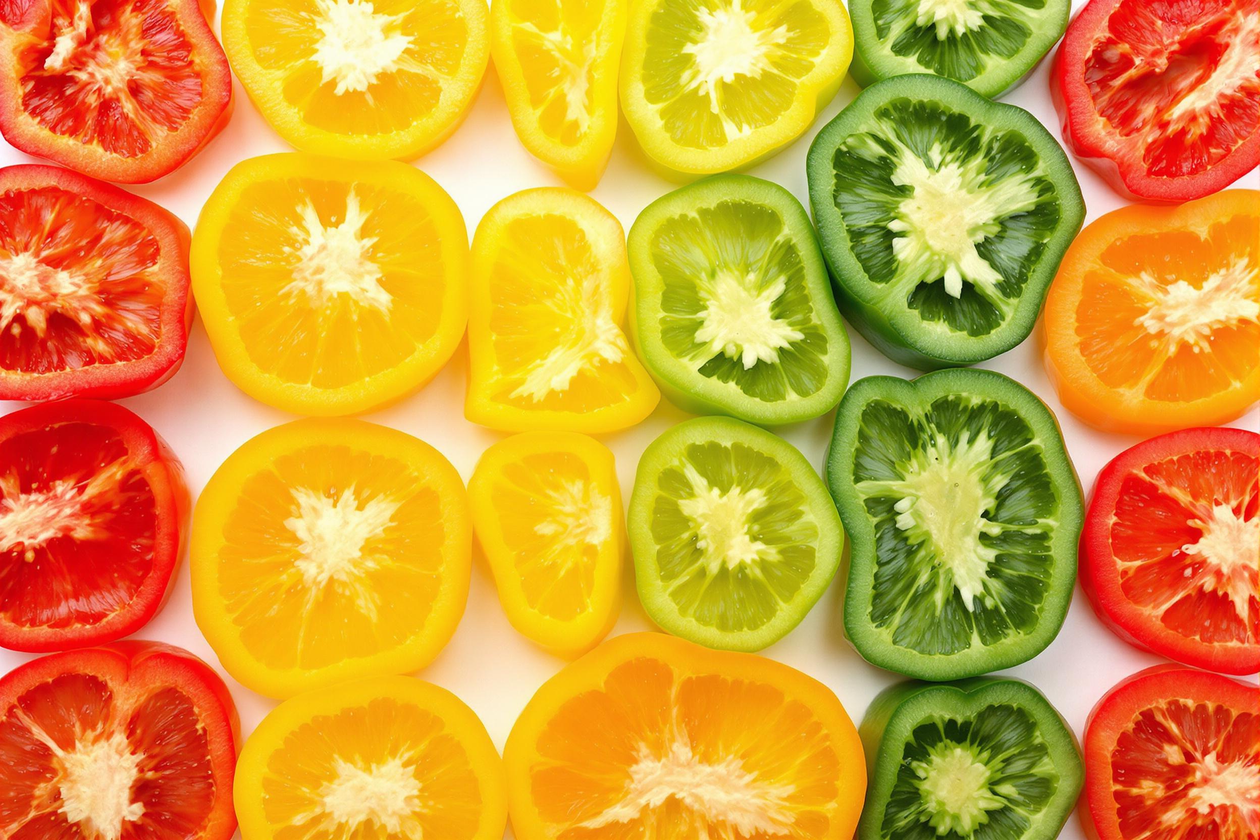 A precise flat-lay image showcases vibrant slices of colorful bell peppers arranged in a symmetrical grid. Reds, yellows, greens, and oranges create a visually striking pattern against a clean white background. Each piece reveals seeds and veins, enhancing intricate textures. Directional studio lighting emphasizes the natural glossy sheen and vibrant contrasts.