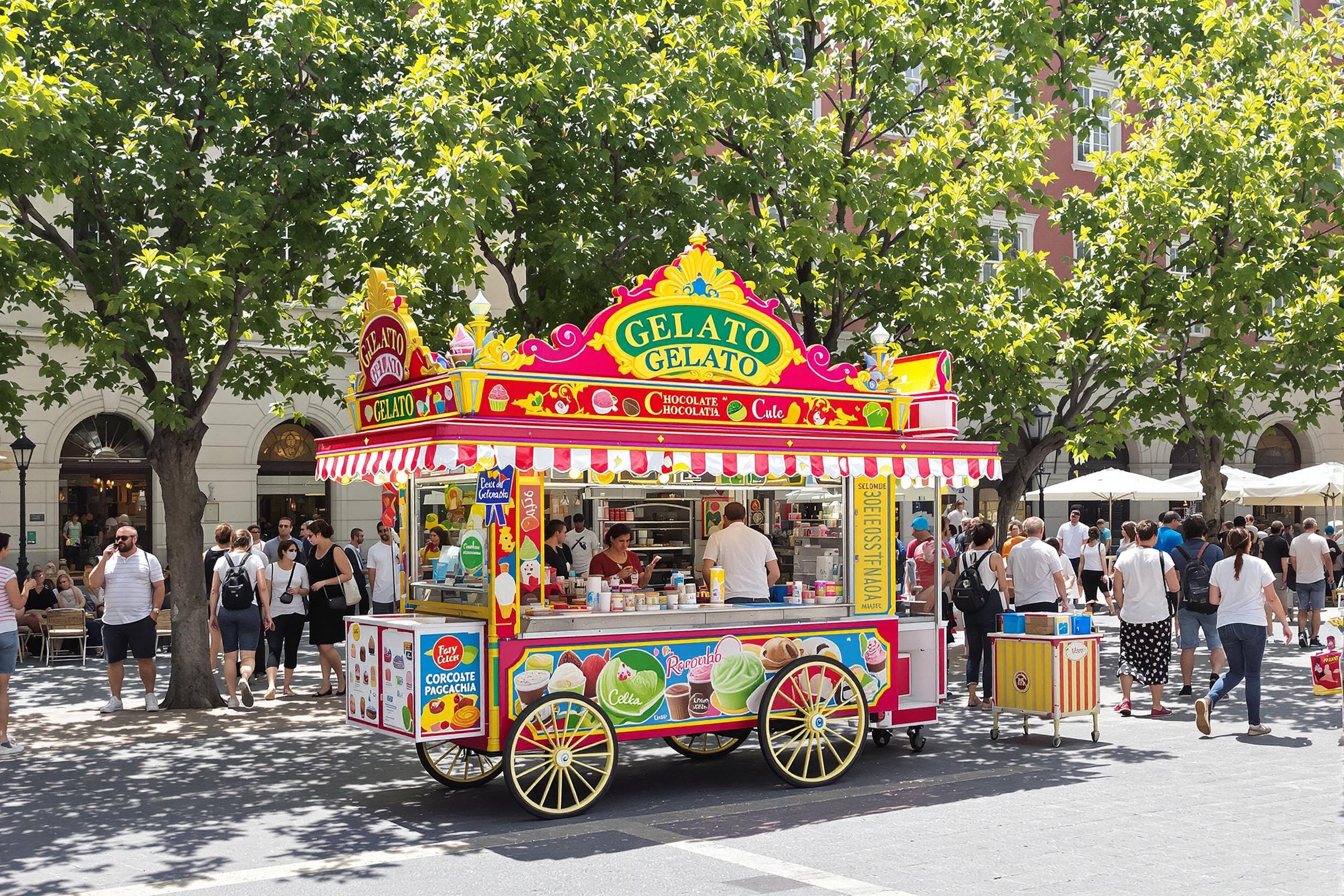 A vibrant gelato cart stands proudly in a lively European square, surrounded by stunning historic architecture. The cart is ablaze with colorful tubs of gelato, showcasing flavors like strawberry, chocolate, and pistachio. Sunlight glistens off the cart, attracting a joyful crowd of diverse customers enjoying their sweet treats. Trees casting dappled shadows enhance the picturesque scene.