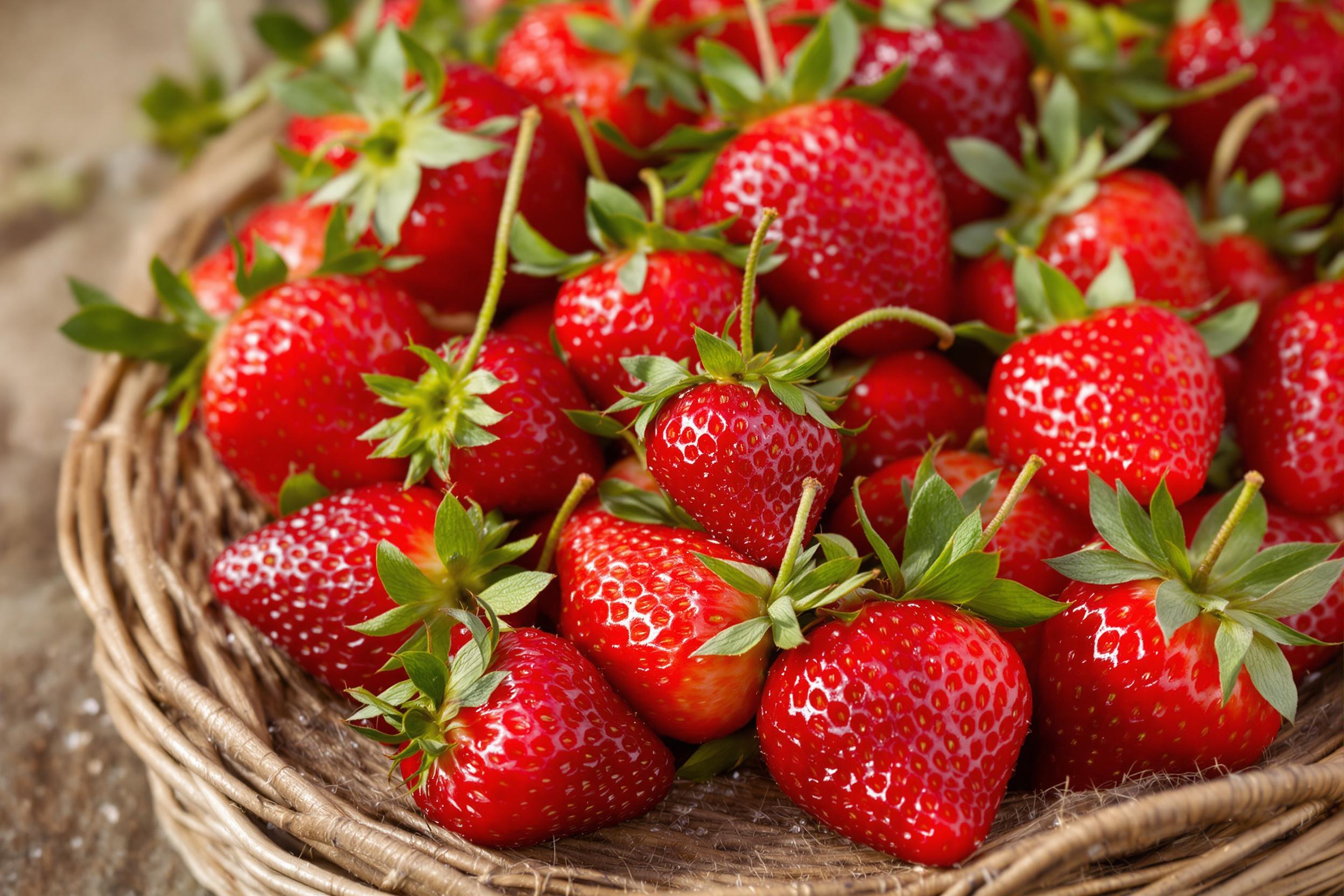 A close-up captures a basket of fresh, dew-kissed strawberries resting on a rustic wooden table. The vibrant red fruit glistens under the soft morning light, showcasing their luscious texture and inviting sheen. Delicate droplets of water cling to the berries, enhancing their freshness. The basket is woven with charming details, adding an organic touch to the scene.