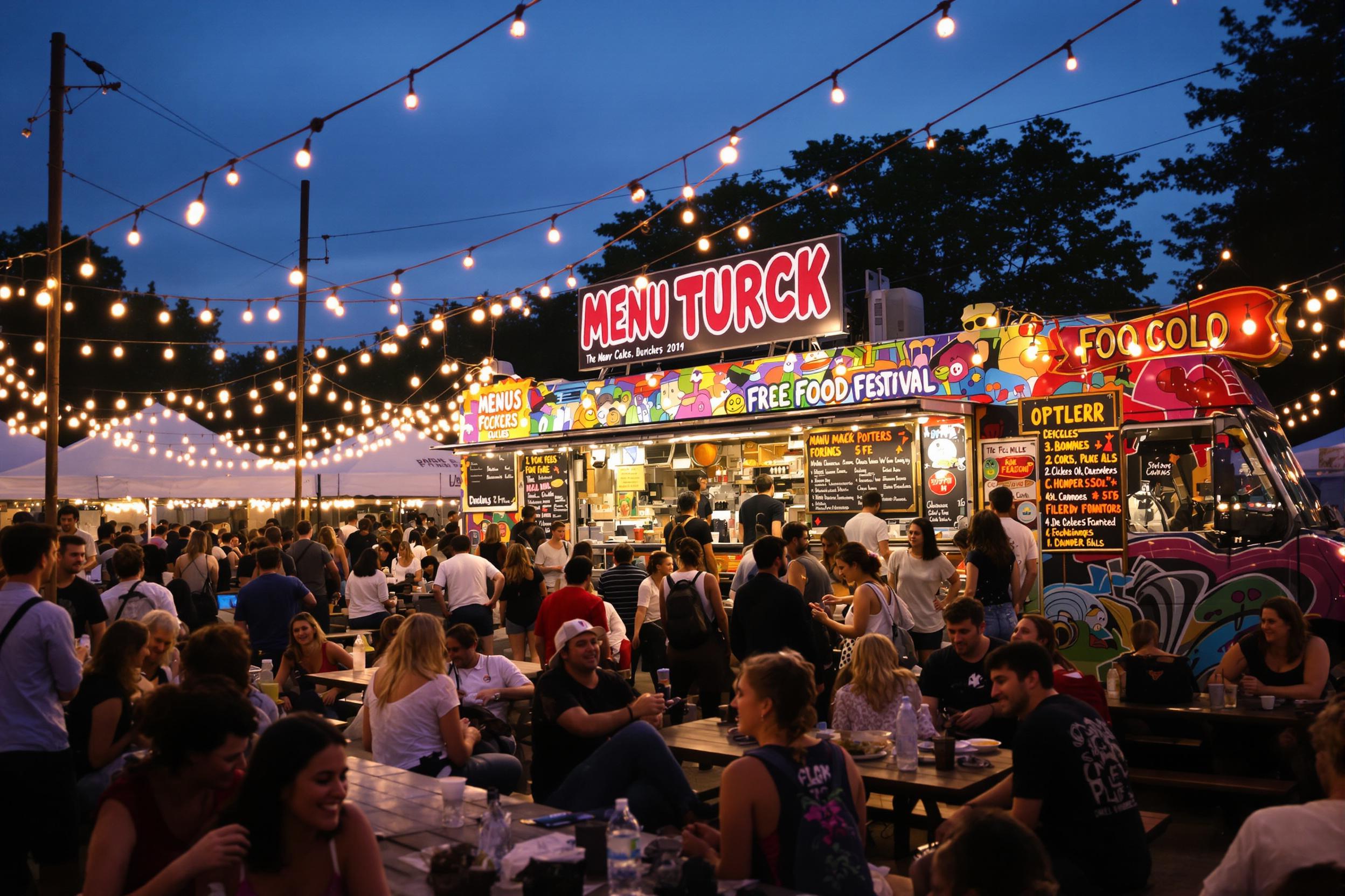 A vibrant scene unfolds around a popular gourmet food truck at an evening festival. Twinkling string lights cast a warm glow over groups of eager customers lining up to order. The food truck's colorful menu art displays tantalizing options, while attendees enjoy their meals seated at nearby picnic tables, sharing laughter and conversation.