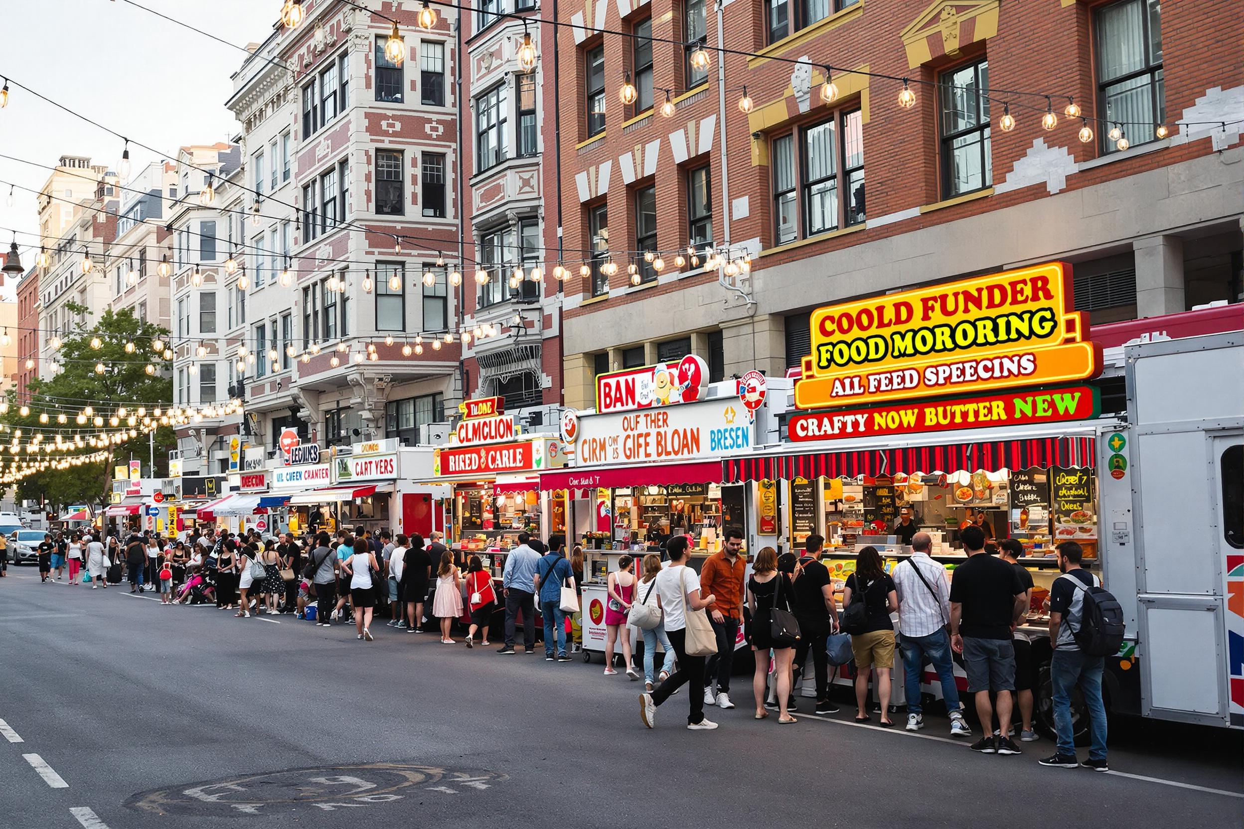 The vibrant city street comes alive as food trucks line the curb under the gentle glow of early evening light. Each truck presents a unique culinary offering, with colorful signage and steaming dishes. Groups of eager patrons gather around, chatting animatedly while savoring aromatic bites. Nearby, festoon lights add an inviting ambiance, enhancing the bustling, joyous vibe of urban dining.