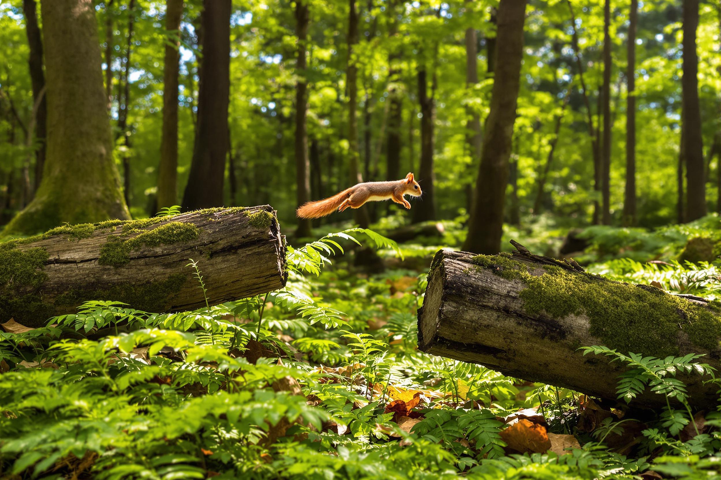 In an enchanting forest setting, a lithe squirrel leaps mid-air from one moss-covered log to another, frozen in dynamic motion. Sunlight pierces the canopy, accentuating the tiny creature’s russet fur while casting dappled shadows on the vibrant greenery below. The action contrasts sharply with the stillness of ferns and scattered leaves.