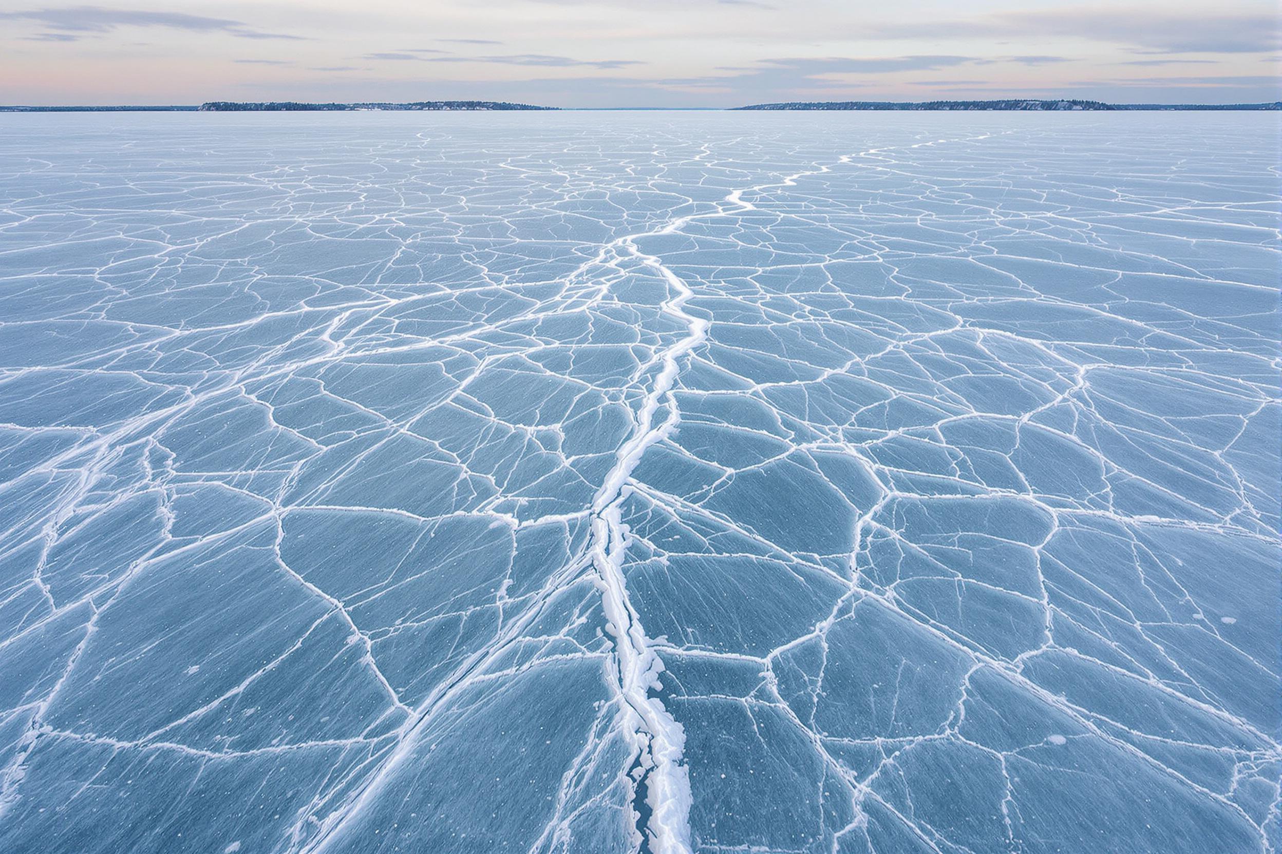 A vast frozen lake displays intricate webs of cracks slicing through the clear ice, captured from a wide-angle perspective near the lake's surface. Tinges of cool blue light mix with delicate frost patterns surrounding the cracks, all softly highlighted by pale, diffused daylight and reflected pastel clouds above.