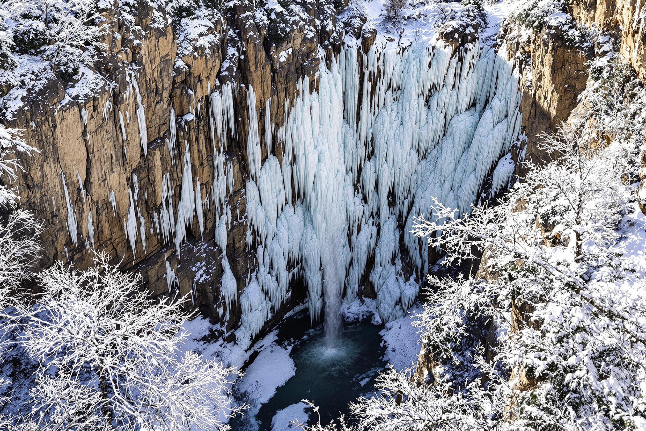 Frozen waterfalls cascade over jagged canyon walls, their icy formations creating intricate patterns under bright midday light. A snow-covered river meanders below, framed by frosted tree branches. The high drone perspective accentuates the scale and texture of this breathtaking winter scene.