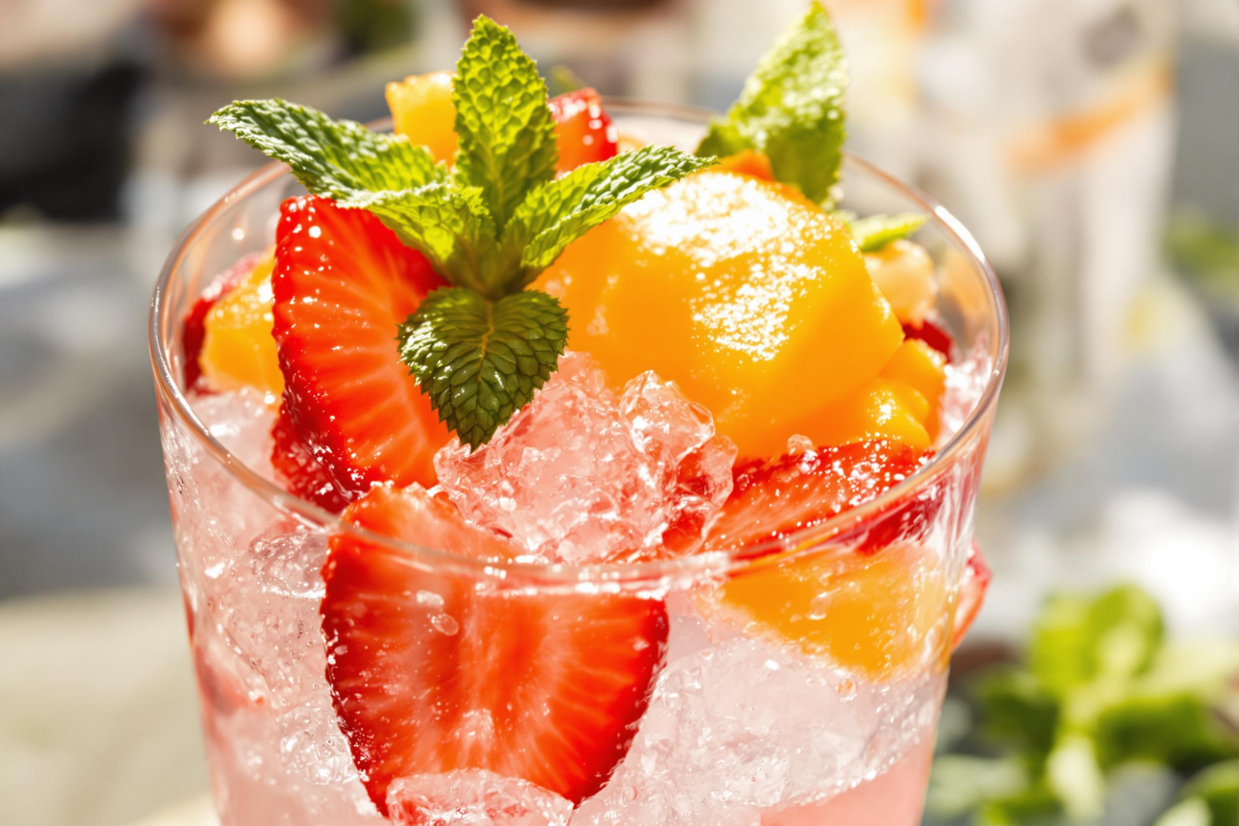 An exquisite close-up features a refreshing fruit cocktail served in a sleek glass, filled to the brim with crushed ice. The vibrant mix of sliced strawberries, citrus wedges, and mint leaves bursts with color against the crystalline ice. Sunlight streams in, causing tiny droplets of condensation to glisten on the glass's surface. A blurred backdrop suggests a contemporary bar setting, enhancing the drink's enticing appeal.