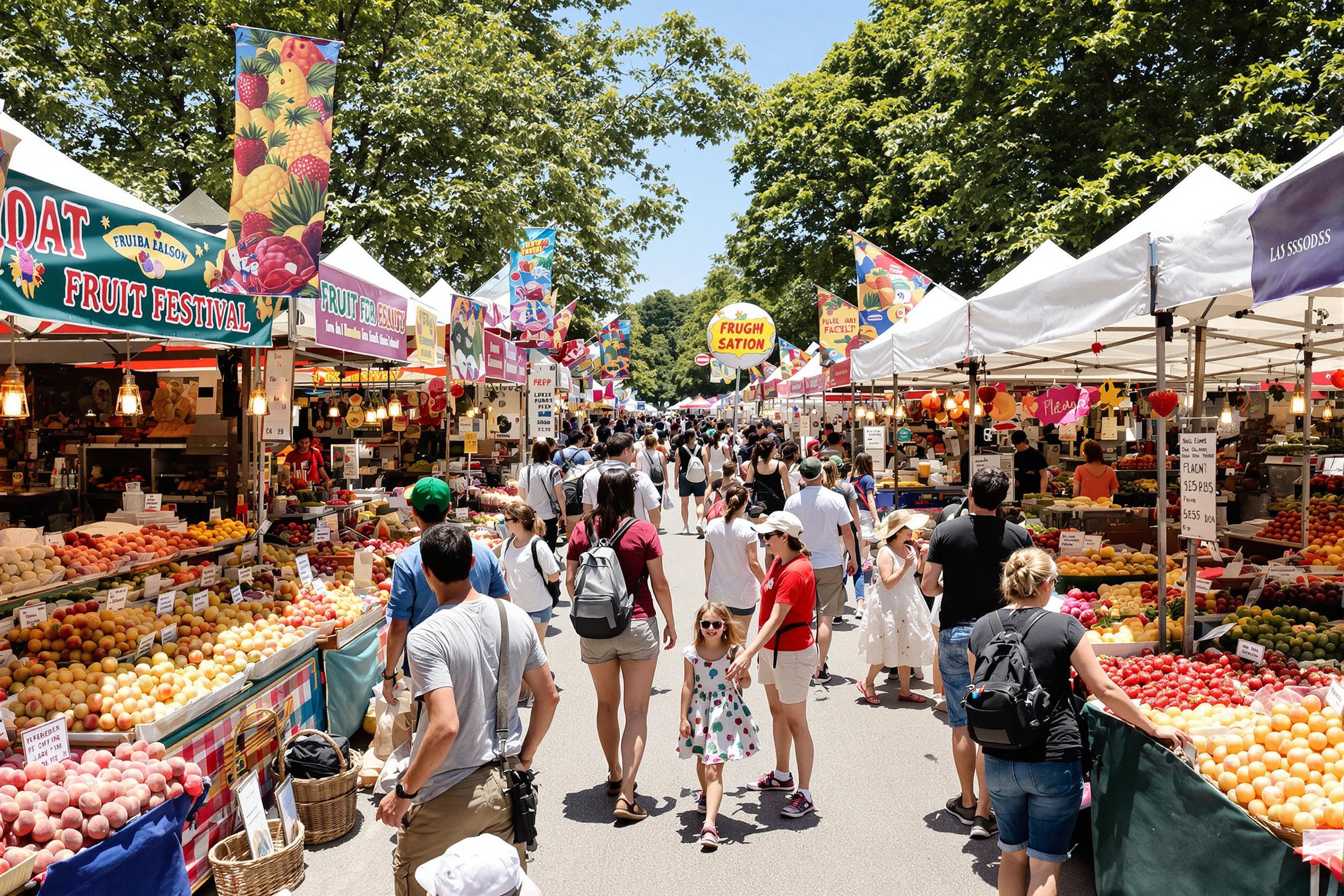 A lively fruit festival unfolds under bright midday sunshine. Colorful stalls overflow with an array of fresh fruits, from juicy peaches to bright strawberries. Visitors of diverse backgrounds mingle, sampling items while children giggle nearby as they enjoy treats. Banners flutter in the gentle breeze, adding to the vibrant atmosphere surrounded by lush greenery.