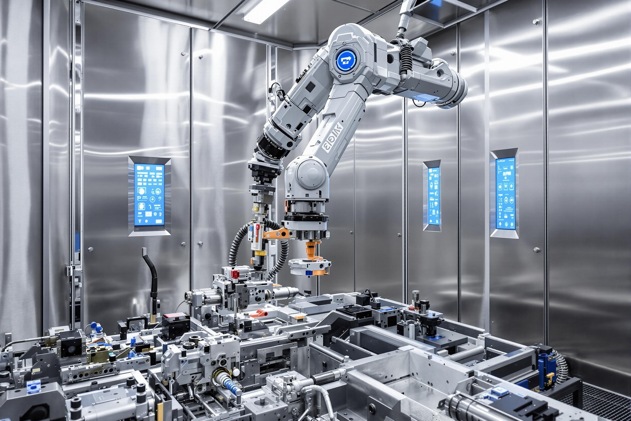 A sleek robotic arm methodically assembles parts in a high-tech futuristic factory under bright, uniform white lighting. The metal components gleam with precision as the machine's intricate movements create a visual rhythm. In the background, smooth metallic walls adorned with glowing blue interface panels form an advanced layered depth.